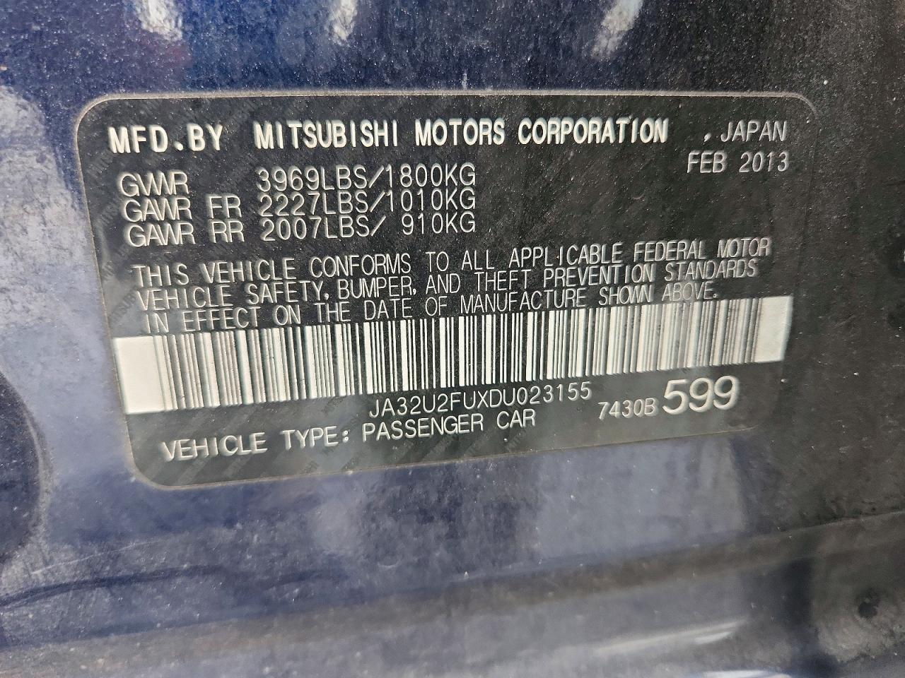 2013 Mitsubishi Lancer Es/es Sport Blue vin: JA32U2FUXDU023155