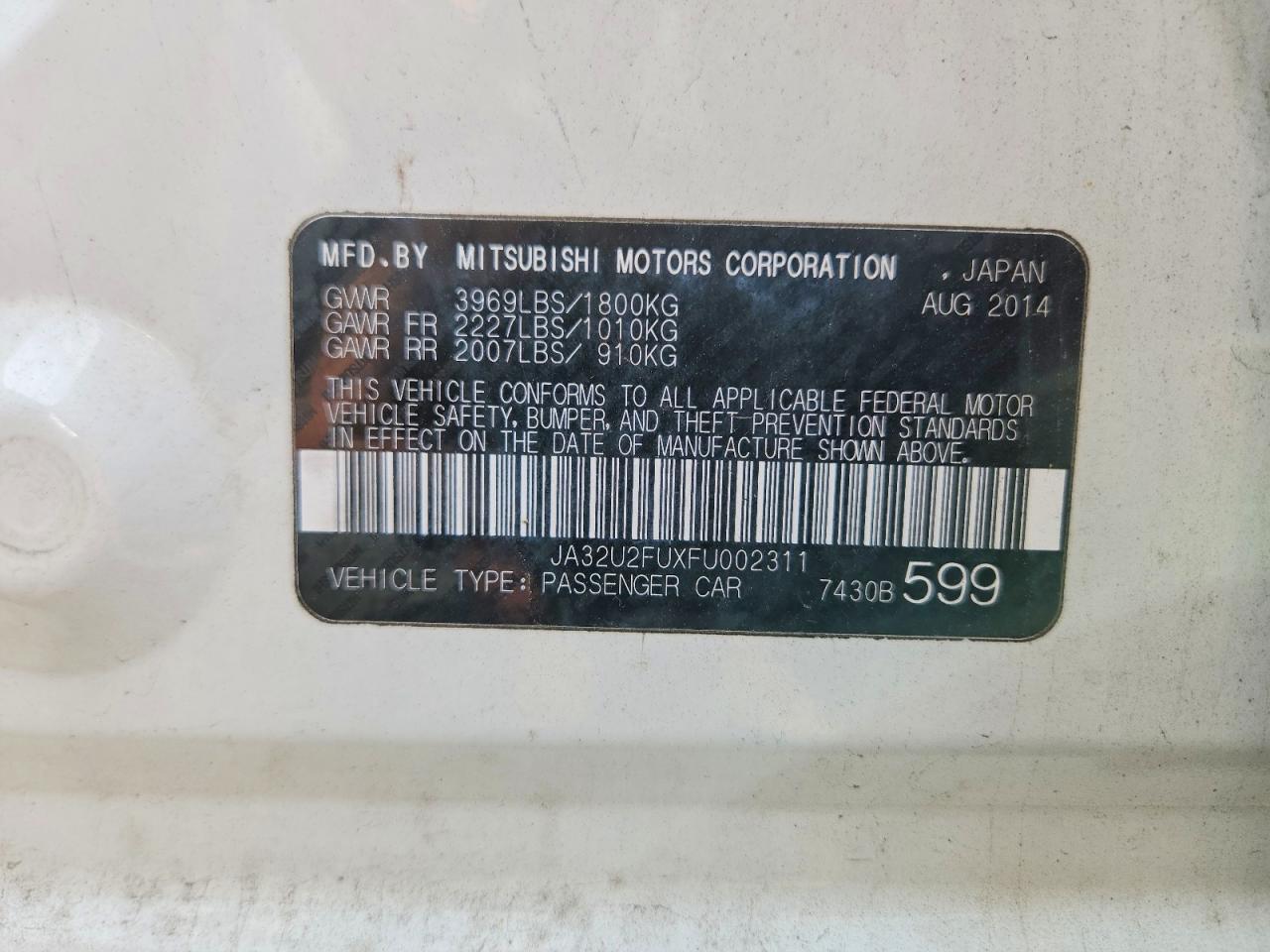 2015 Mitsubishi Lancer Es White vin: JA32U2FUXFU002311
