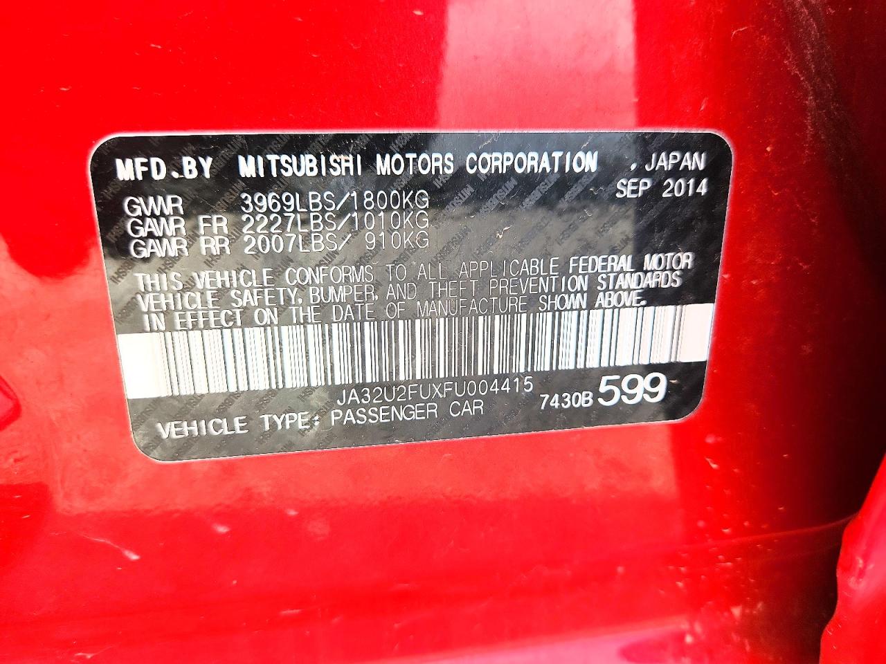 2015 Mitsubishi Lancer Red vin: JA32U2FUXFU004415
