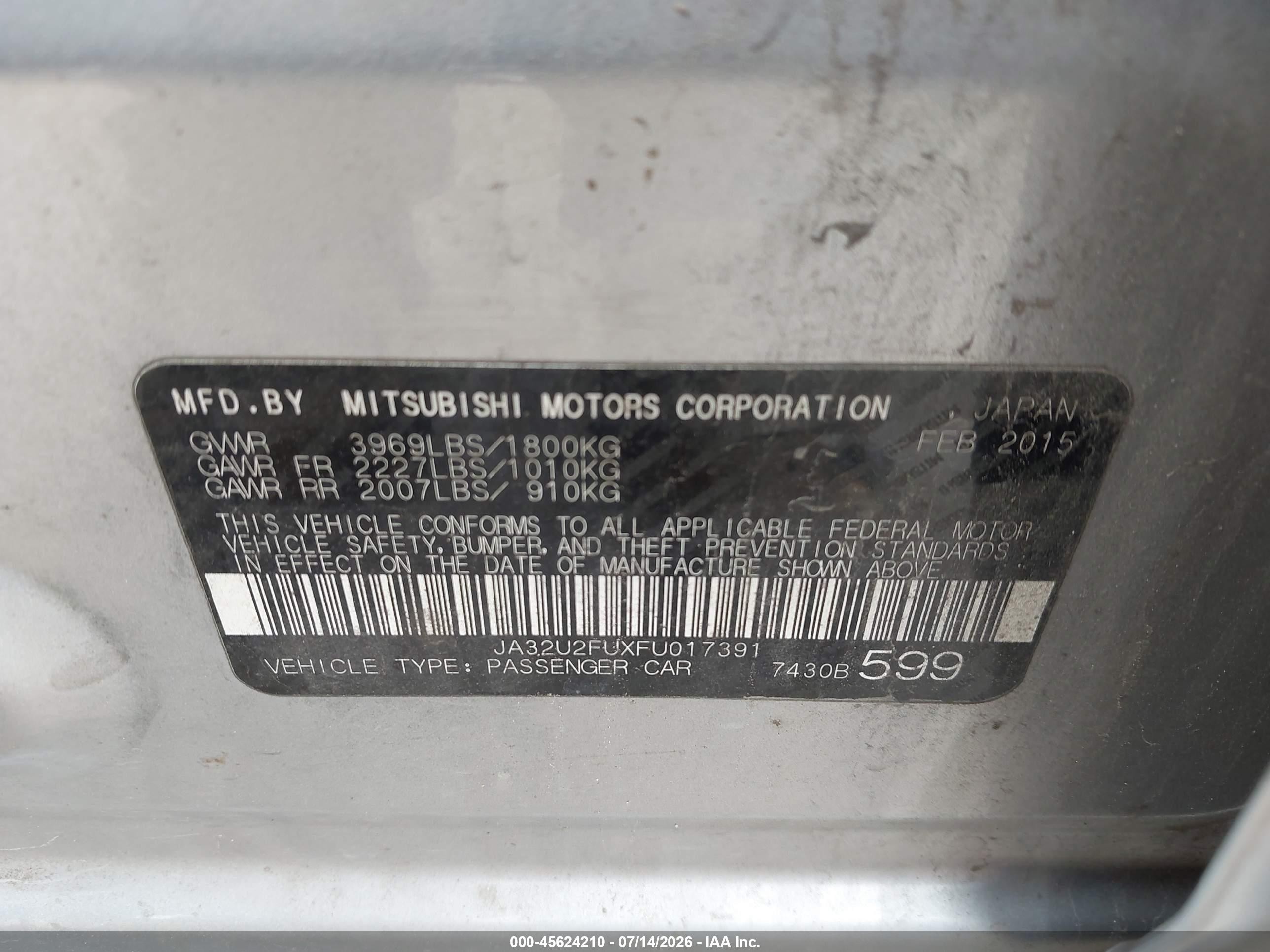 2015 Mitsubishi Lancer Es Silver vin: JA32U2FUXFU017391