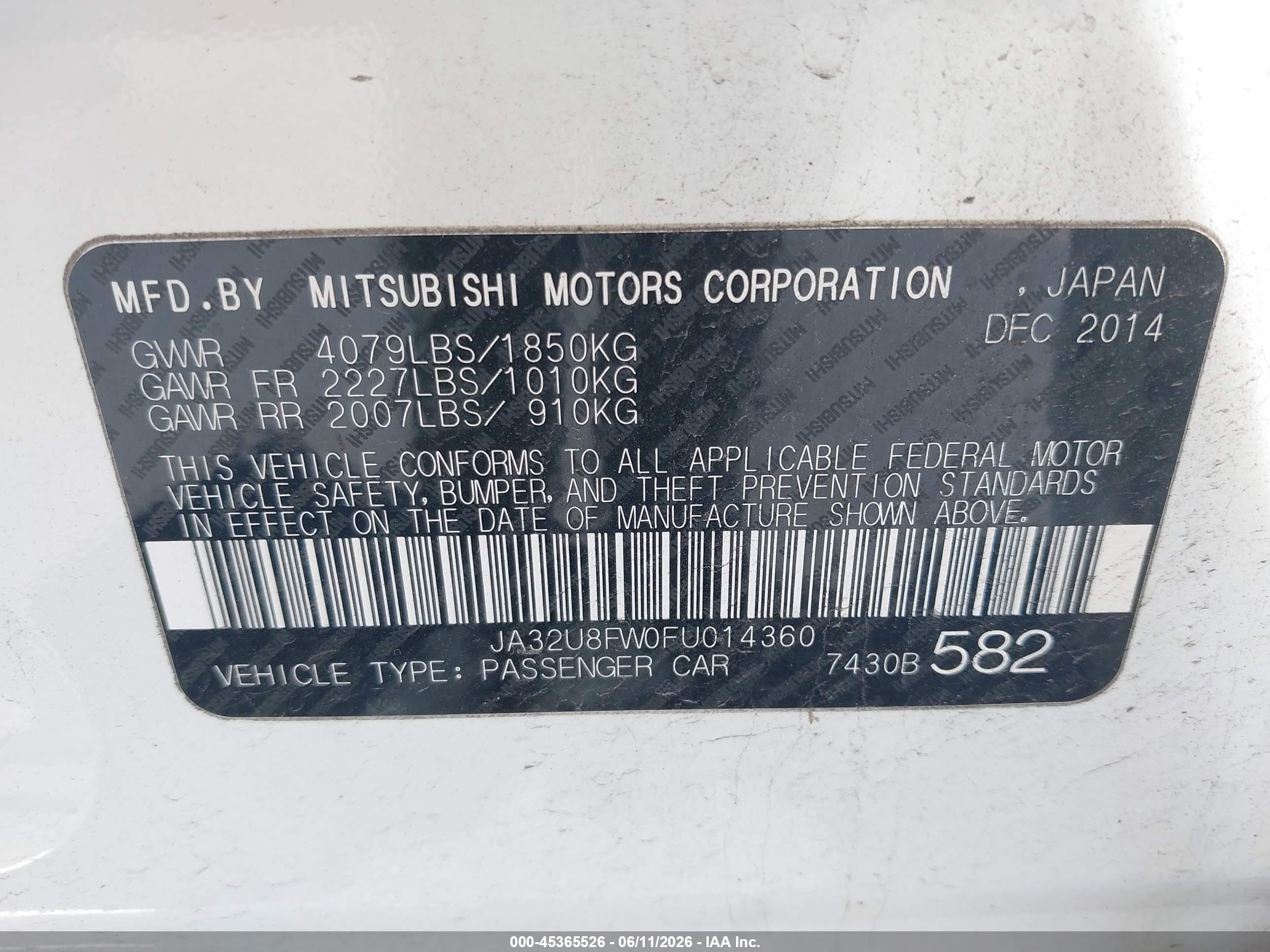 2015 Mitsubishi Lancer Gt White vin: JA32U8FW0FU014360