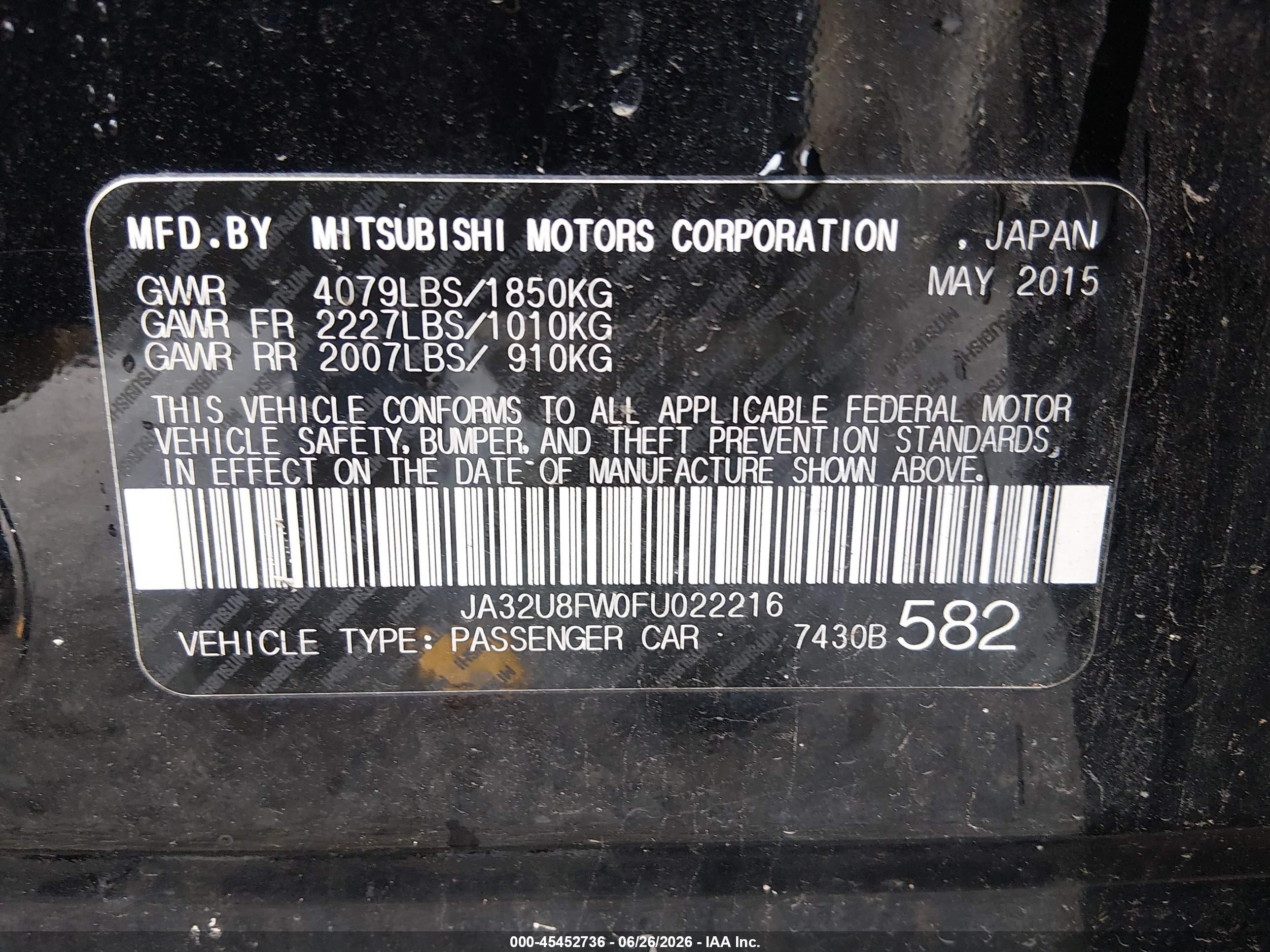 2015 Mitsubishi Lancer Gt Black vin: JA32U8FW0FU022216
