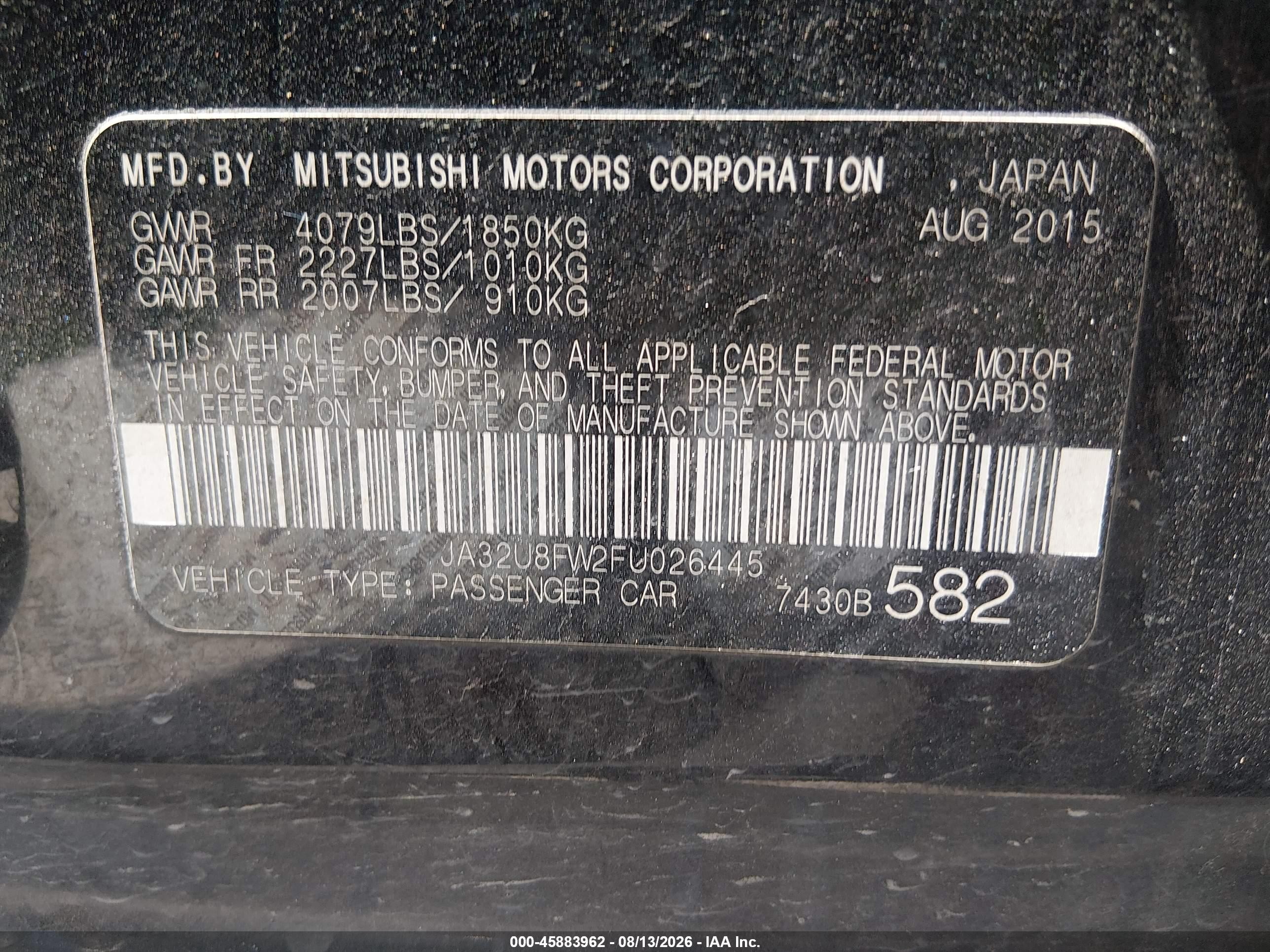 2015 Mitsubishi Lancer Gt Black vin: JA32U8FW2FU026445
