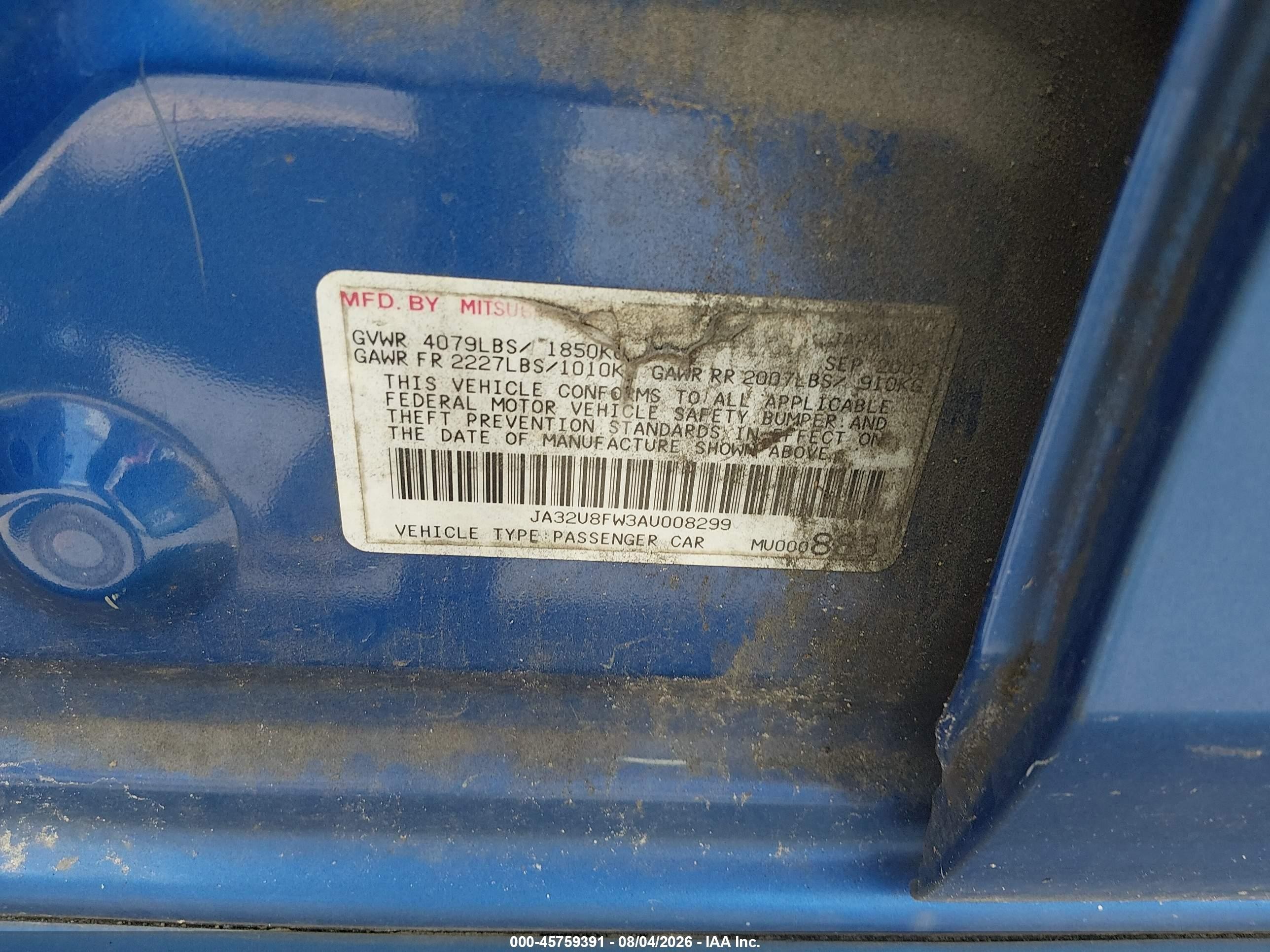 2010 Mitsubishi Lancer Gts Blue vin: JA32U8FW3AU008299