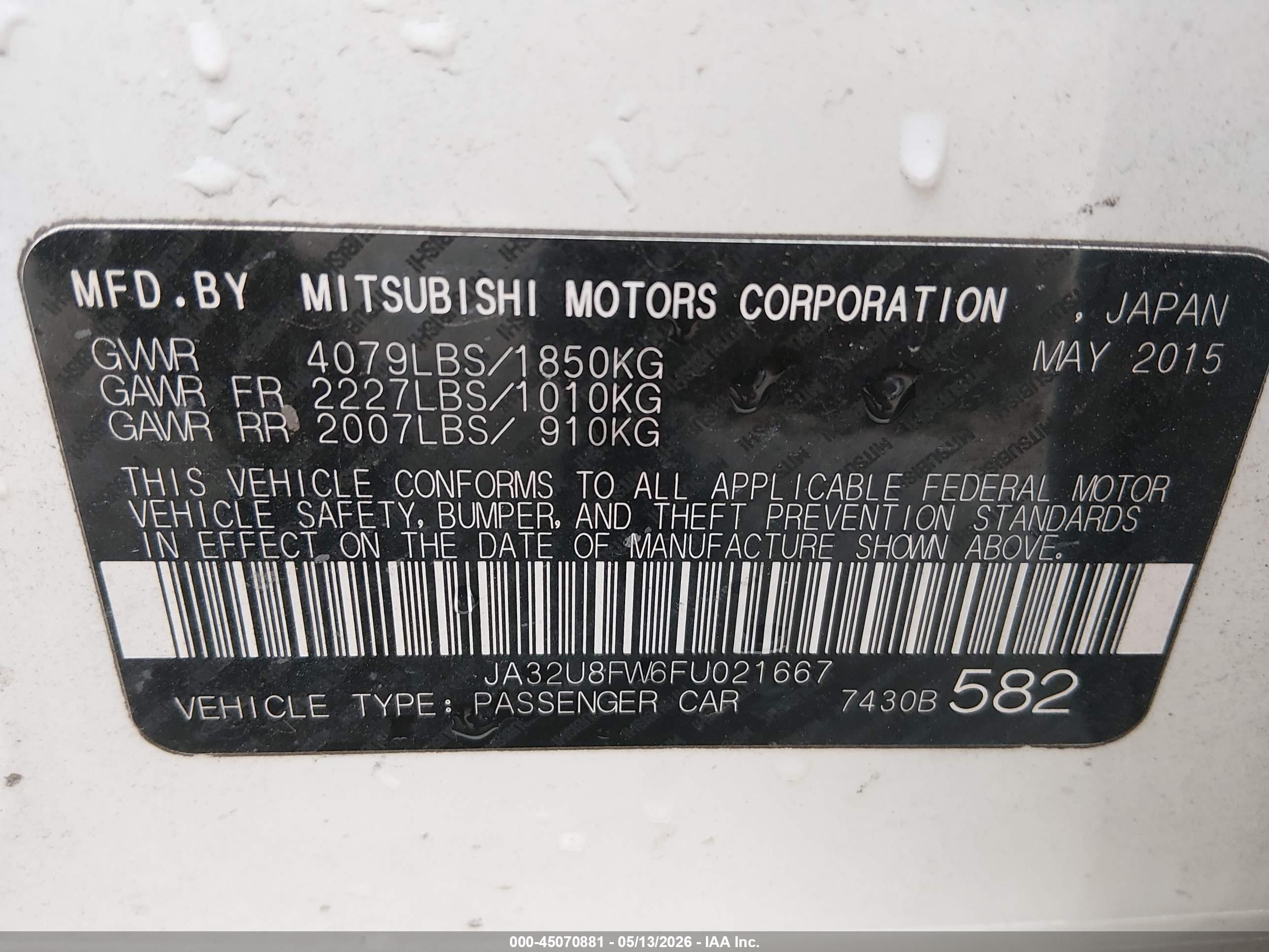 2015 Mitsubishi Lancer Gt White vin: JA32U8FW6FU021667