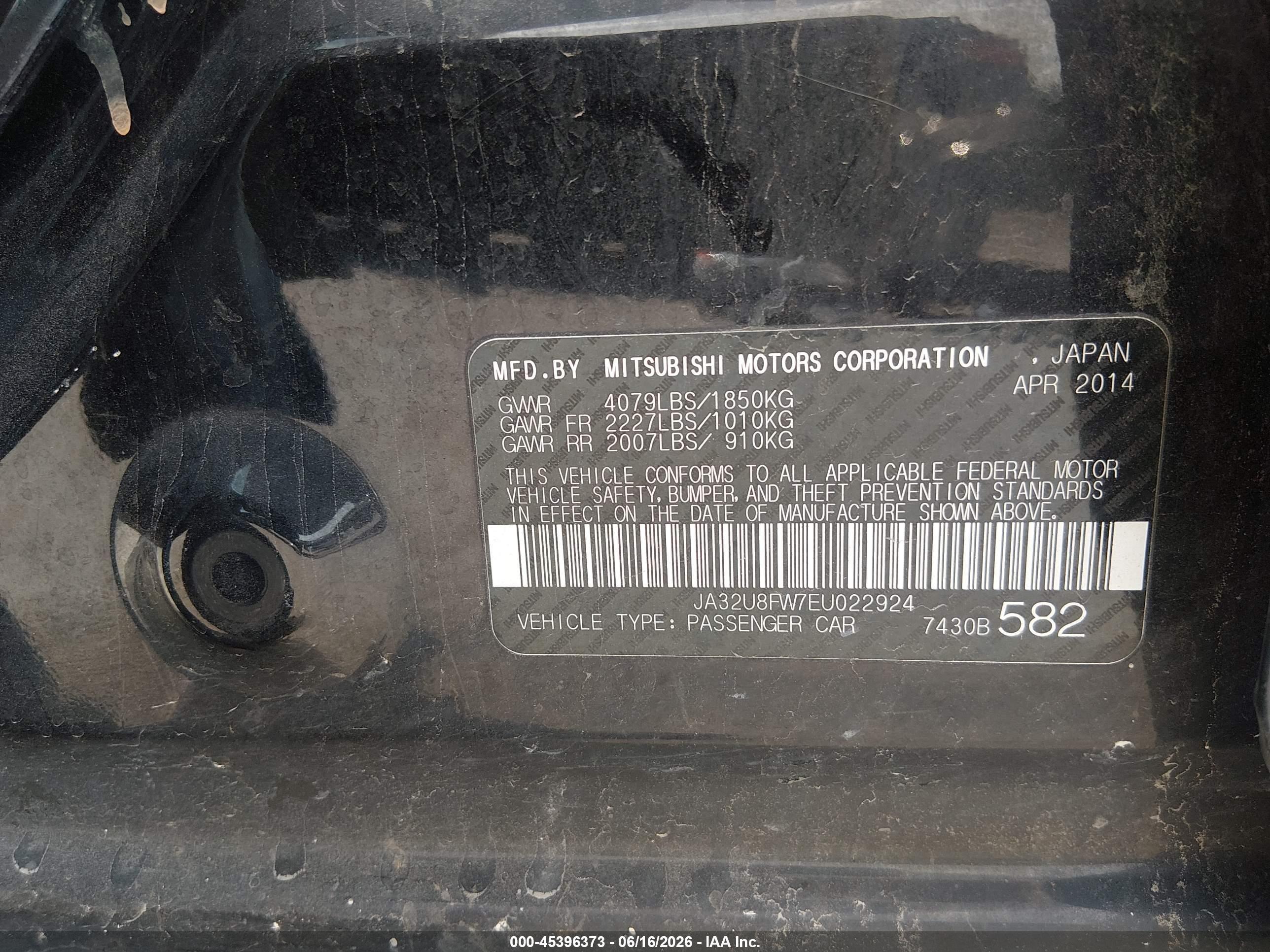 2014 Mitsubishi Lancer Gt Black vin: JA32U8FW7EU022924