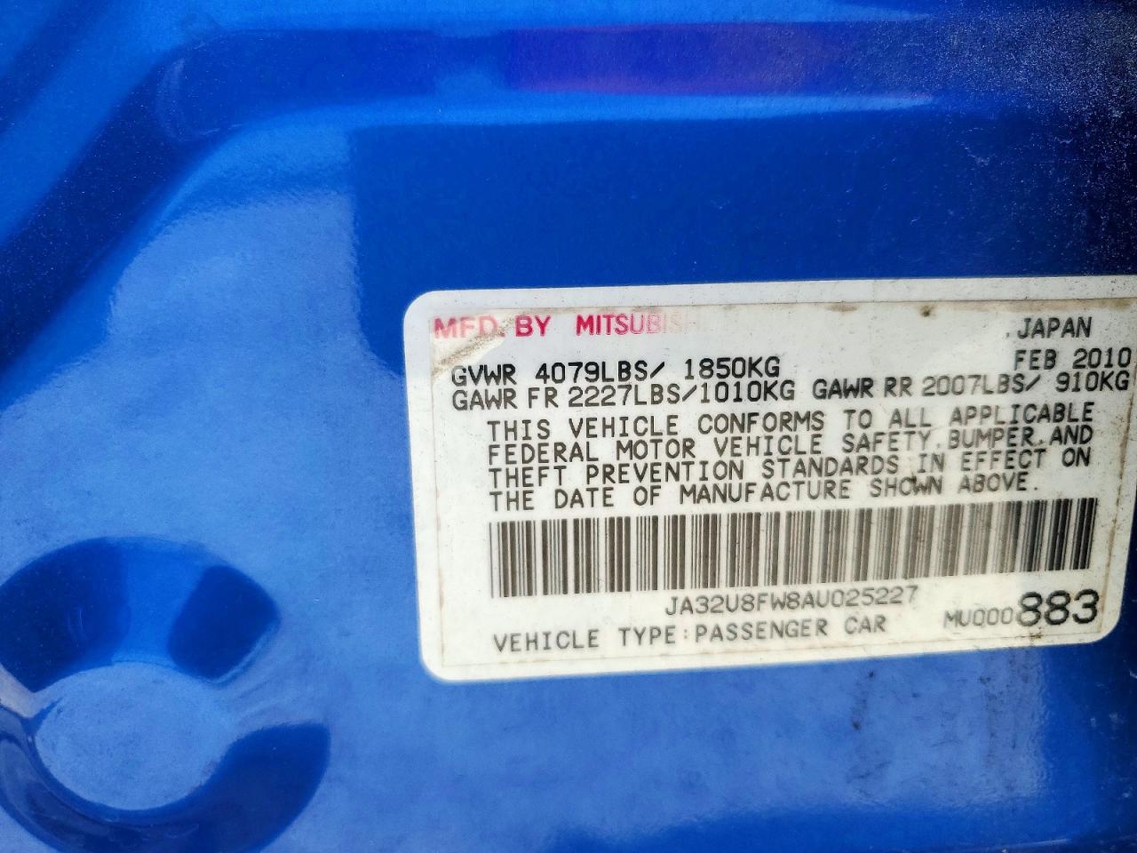 2010 Mitsubishi Lancer Gts Blue vin: JA32U8FW8AU025227