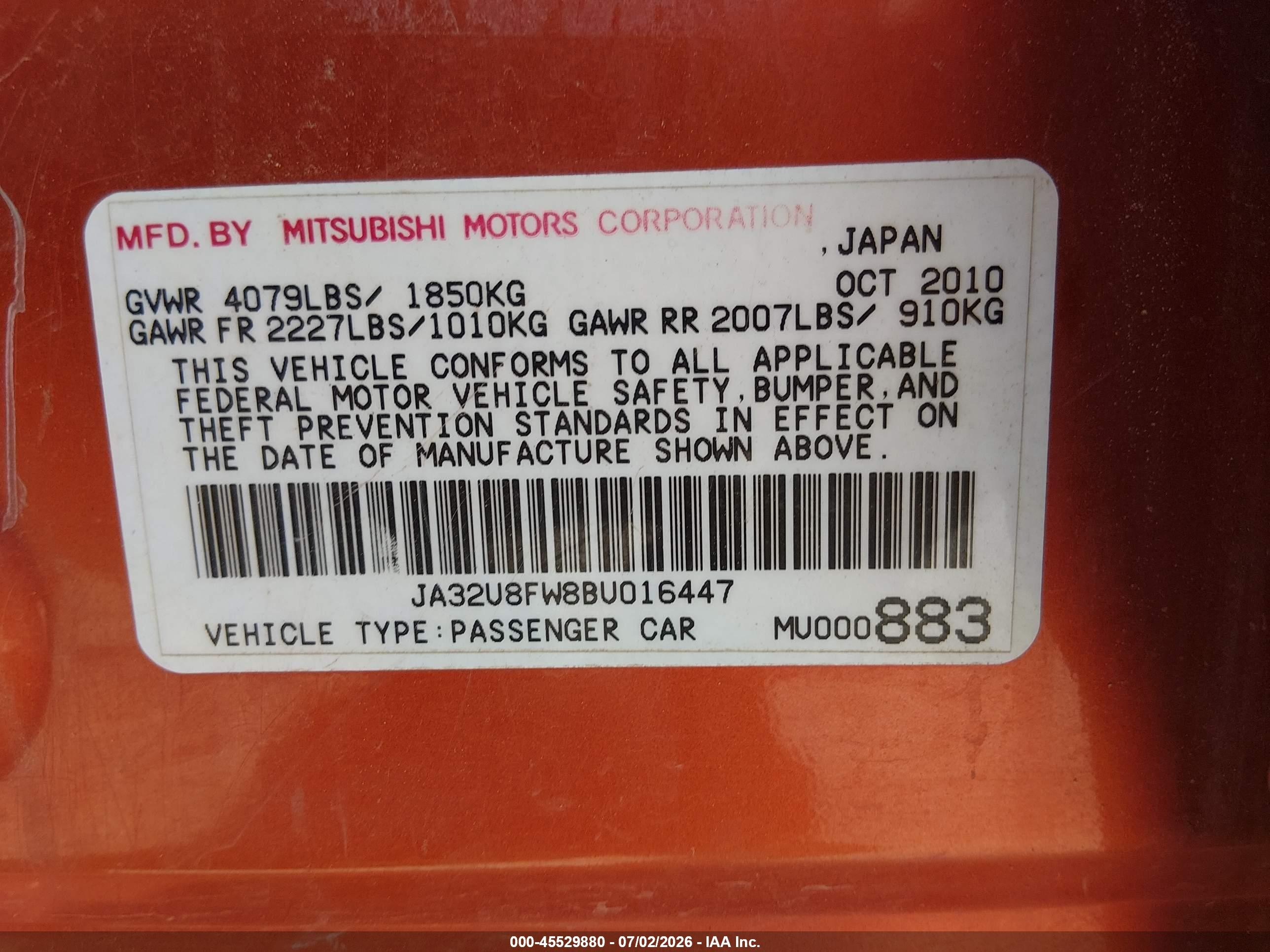 2011 Mitsubishi Lancer Gts Orange vin: JA32U8FW8BU016447