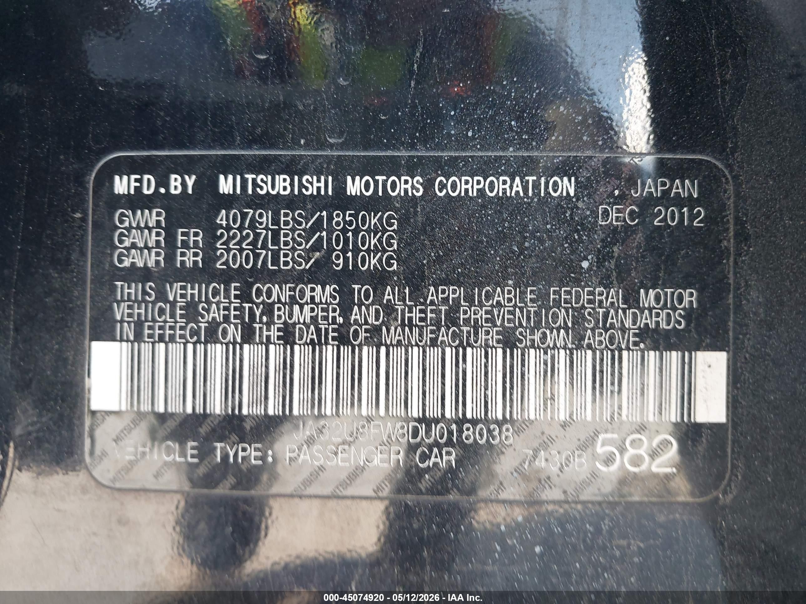 2013 Mitsubishi Lancer Gt Black vin: JA32U8FW8DU018038