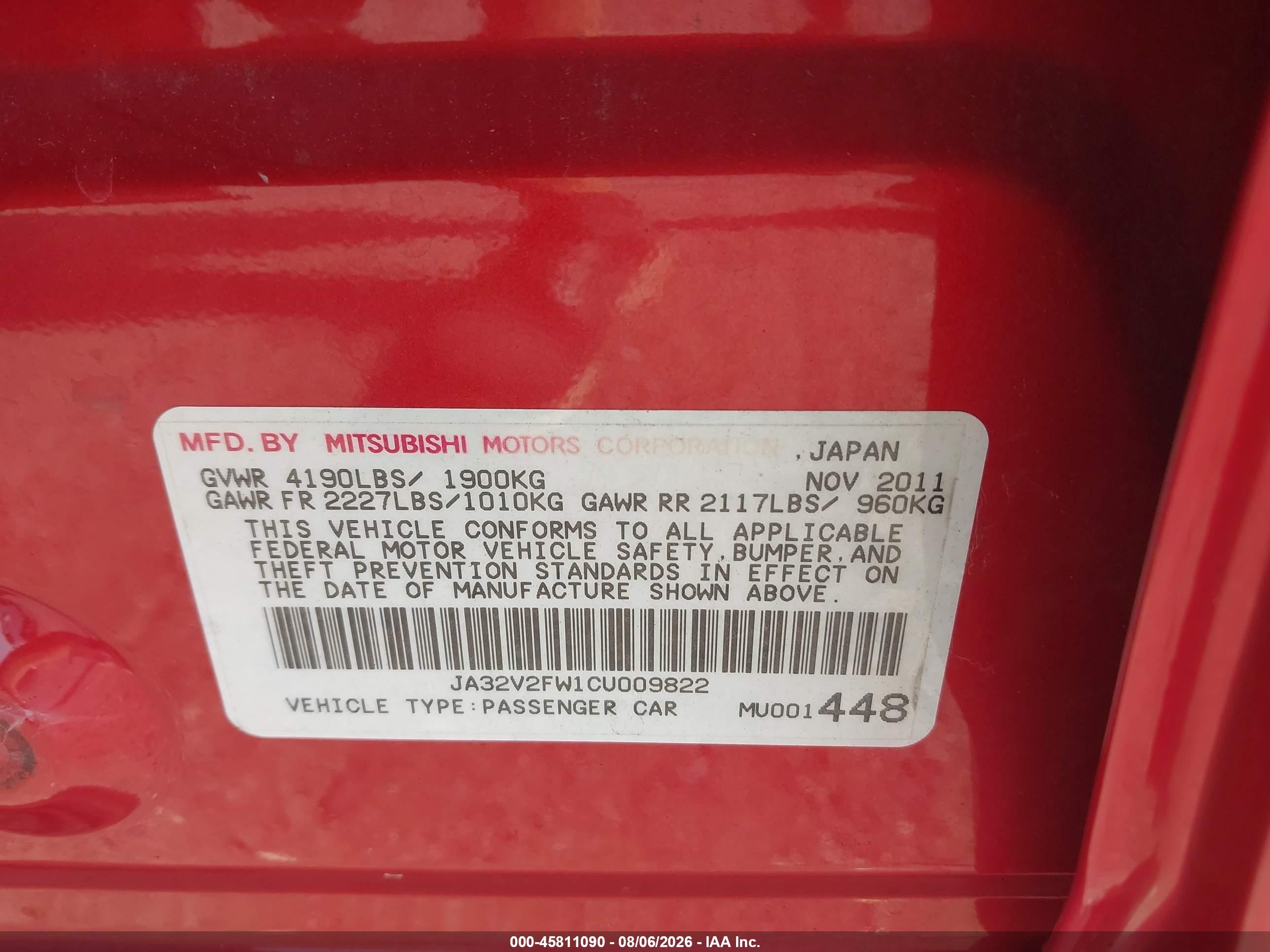 2012 Mitsubishi Lancer Se Red vin: JA32V2FW1CU009822