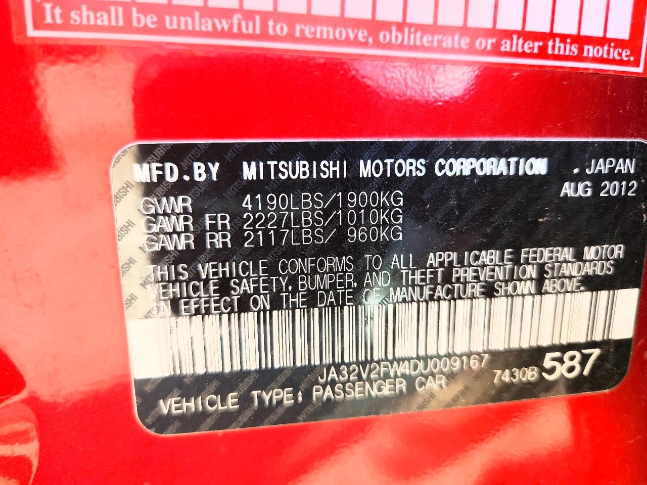 2013 Mitsubishi Lancer Se Red vin: JA32V2FW4DU009167
