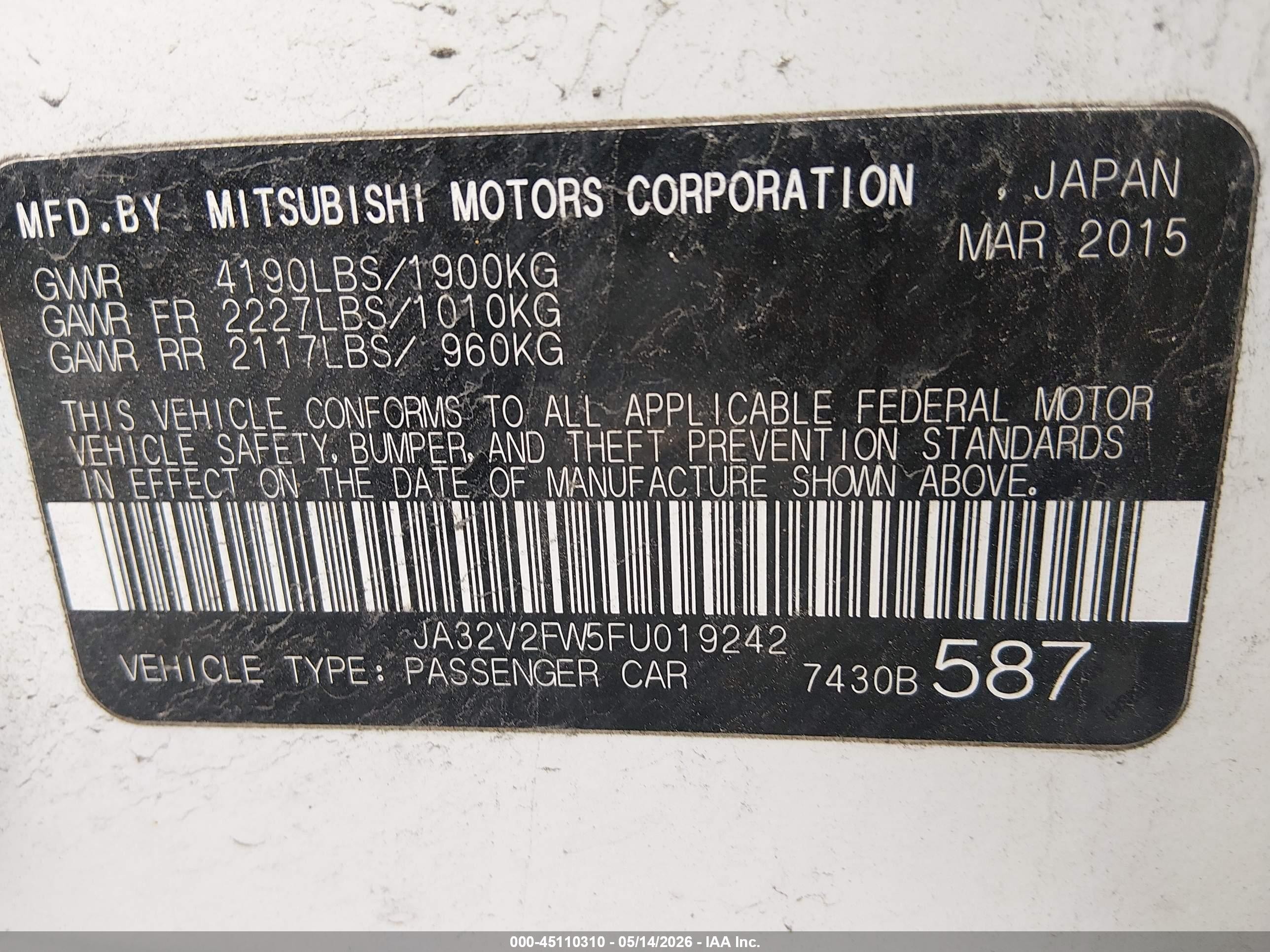 2015 Mitsubishi Lancer Se White vin: JA32V2FW5FU019242