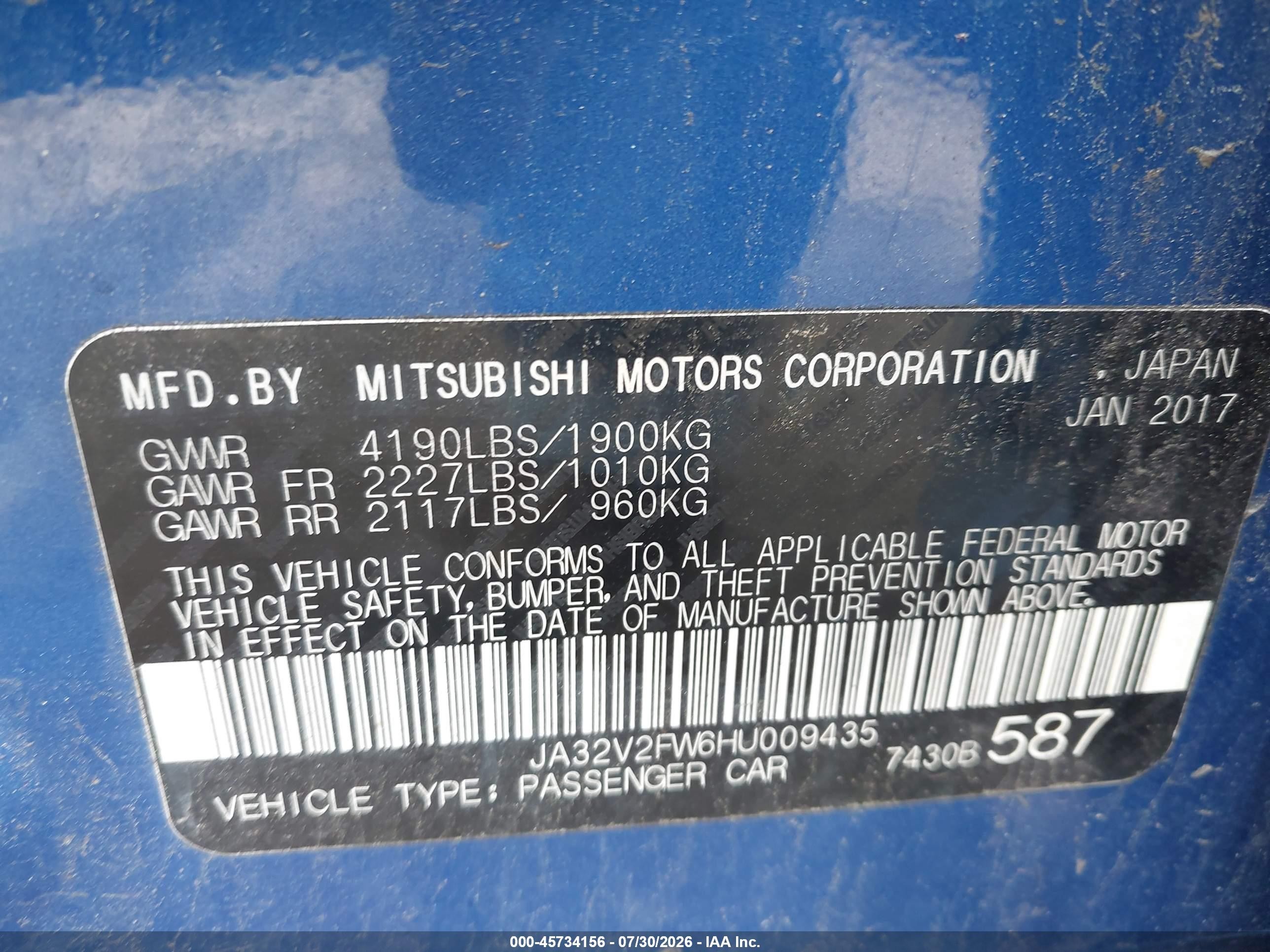 2017 Mitsubishi Lancer Es Blue vin: JA32V2FW6HU009435