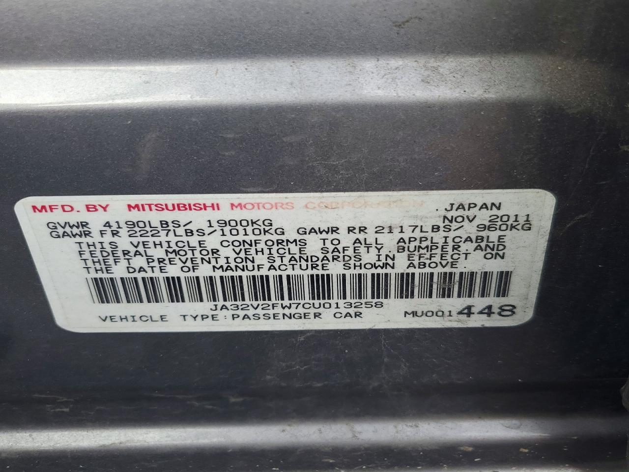 2012 Mitsubishi Lancer Se Gray vin: JA32V2FW7CU013258