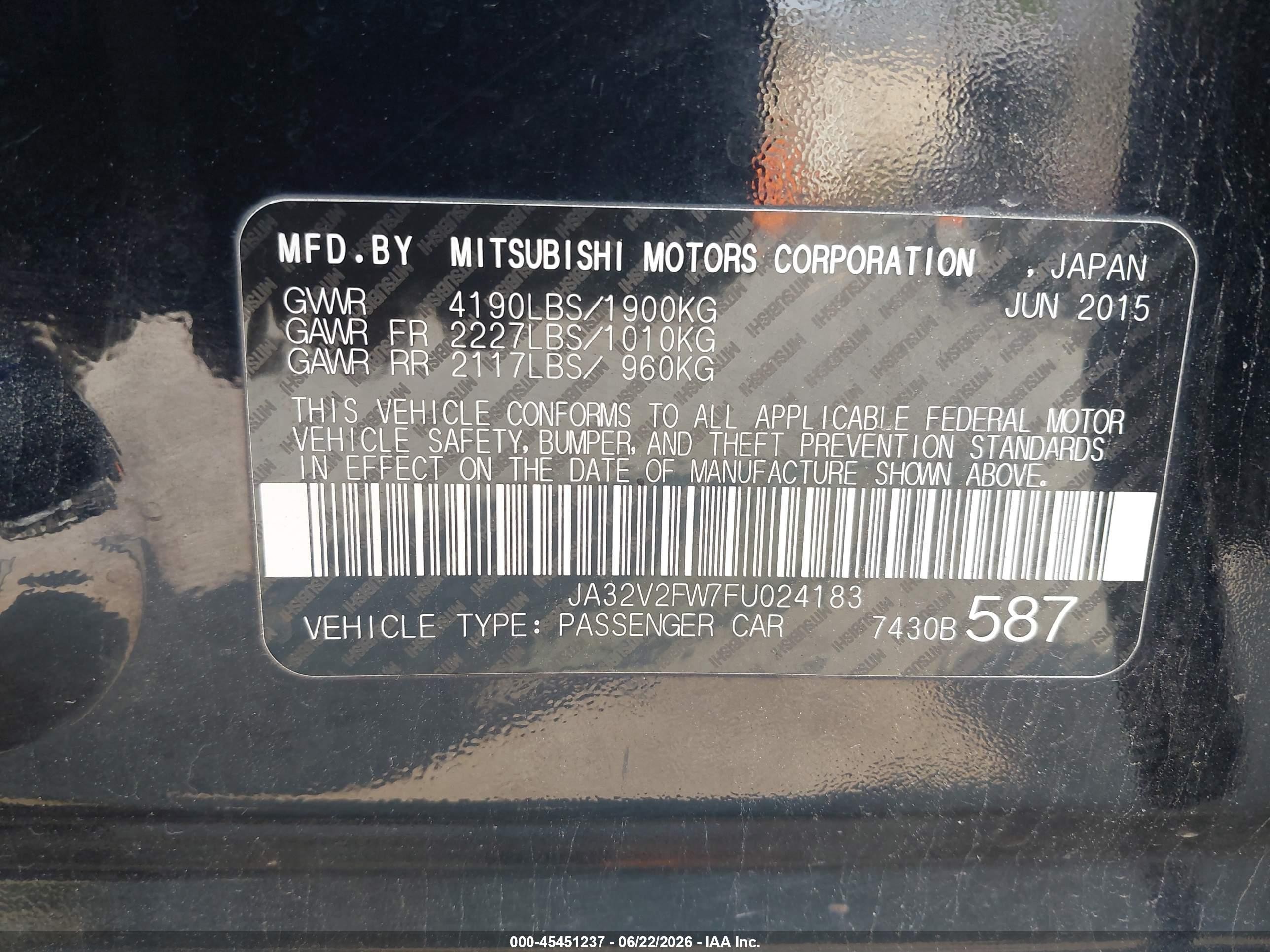 2015 Mitsubishi Lancer Se Black vin: JA32V2FW7FU024183