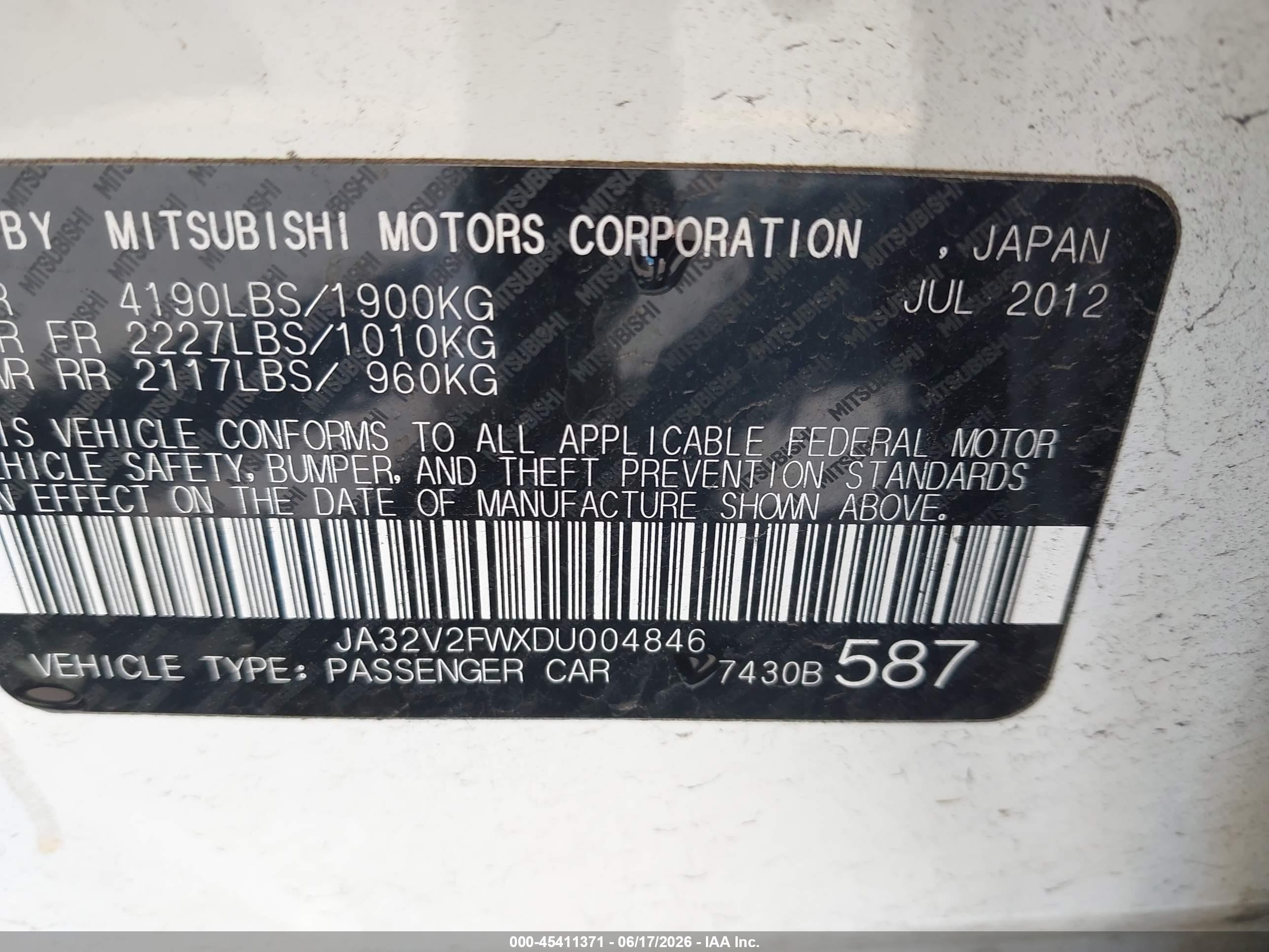 2013 Mitsubishi Lancer Se White vin: JA32V2FWXDU004846