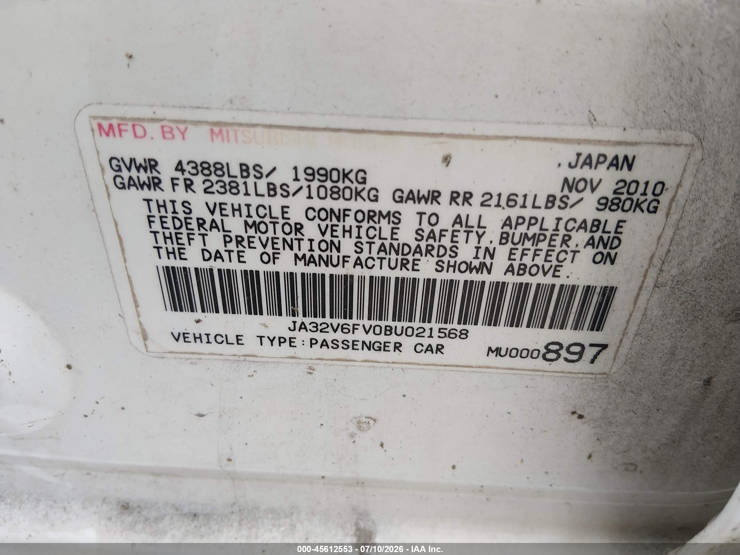 2011 Mitsubishi Lancer Ralliart White vin: JA32V6FV0BU021568