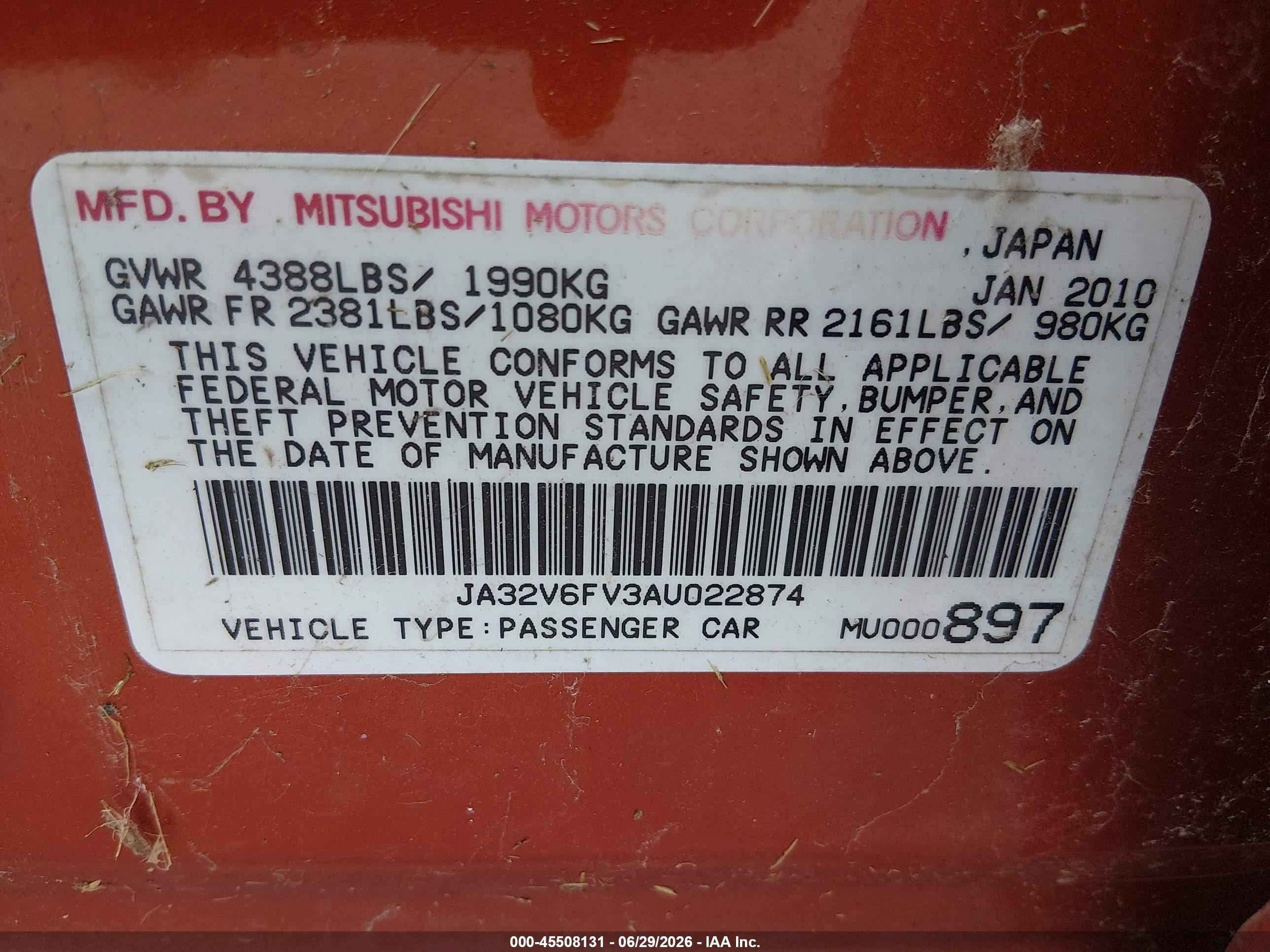 2010 Mitsubishi Lancer Ralliart Orange vin: JA32V6FV3AU022874
