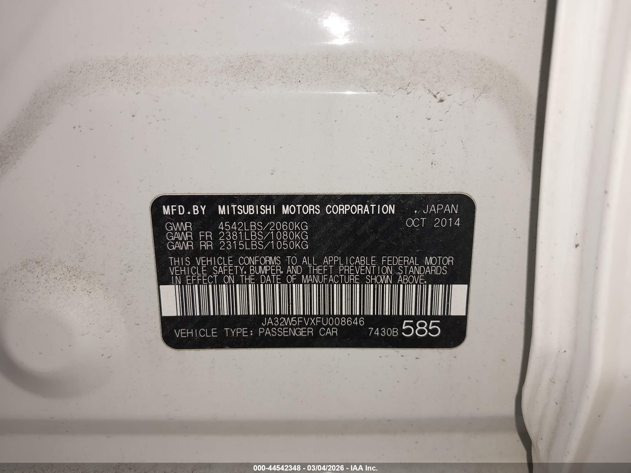 2015 Mitsubishi Lancer Evolution Mr White vin: JA32W5FVXFU008646