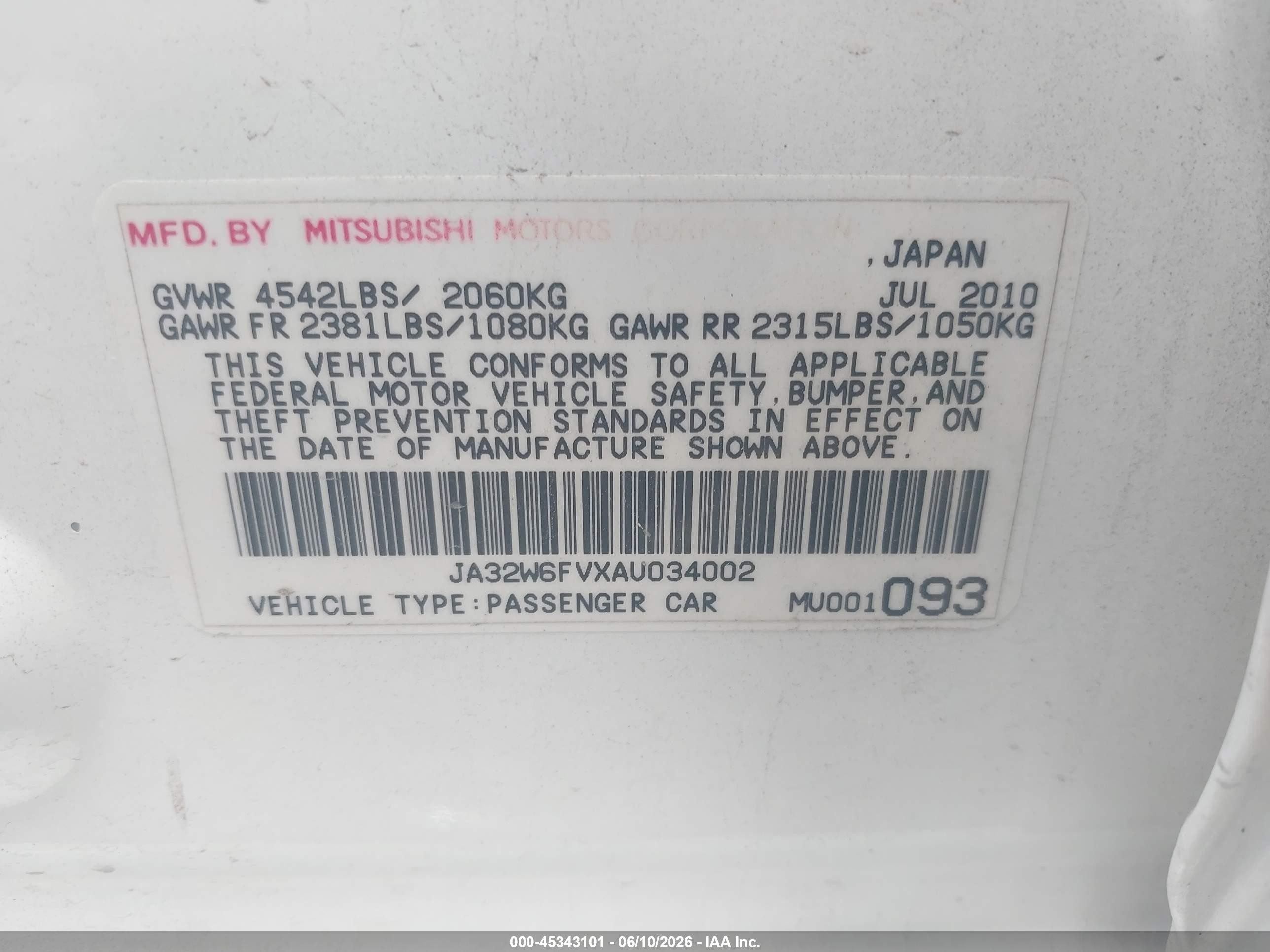 2010 Mitsubishi Lancer Evolution Se White vin: JA32W6FVXAU034002