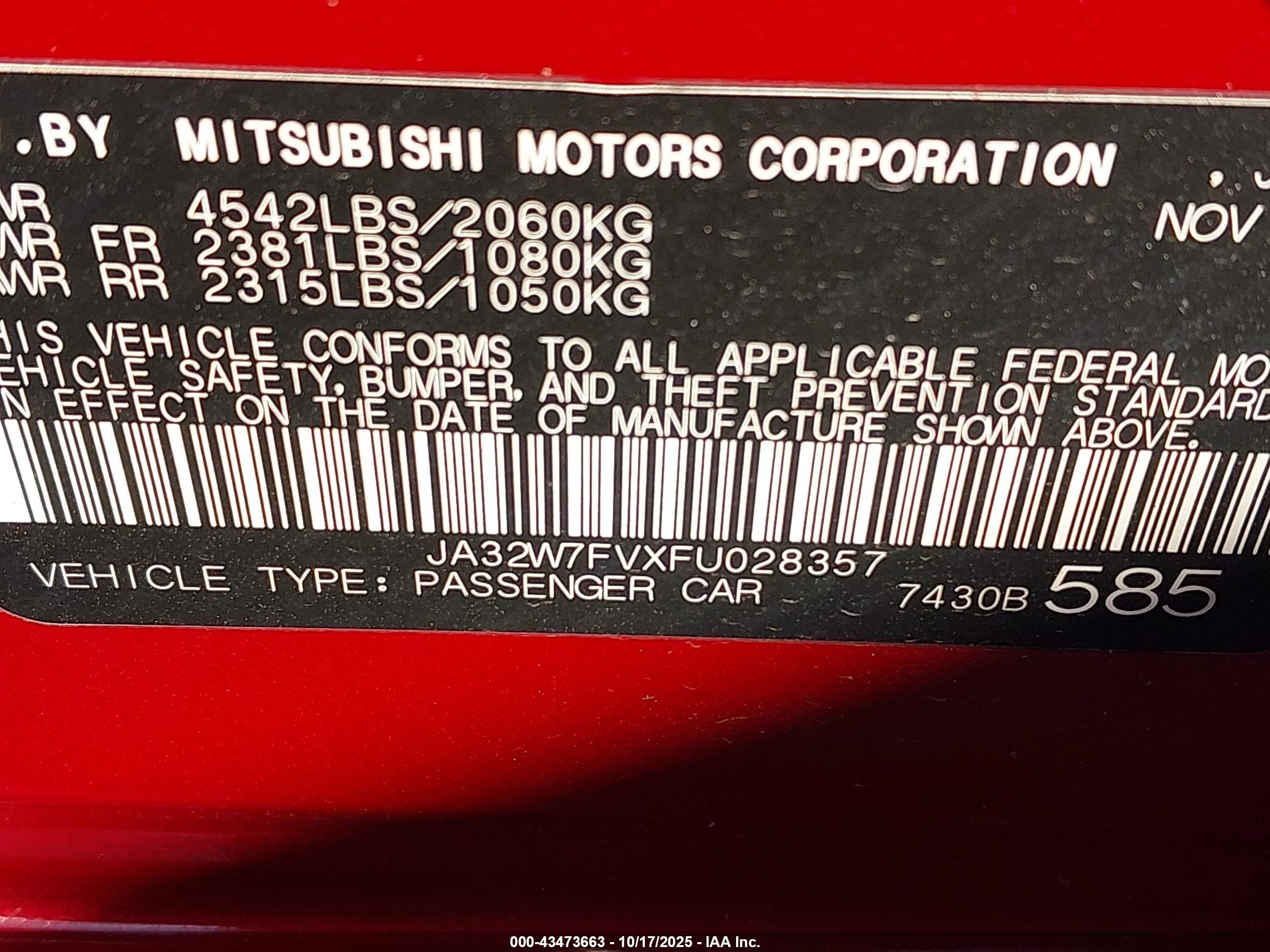 2015 Mitsubishi Lancer Evolution Final Edition Red vin: JA32W7FVXFU028357