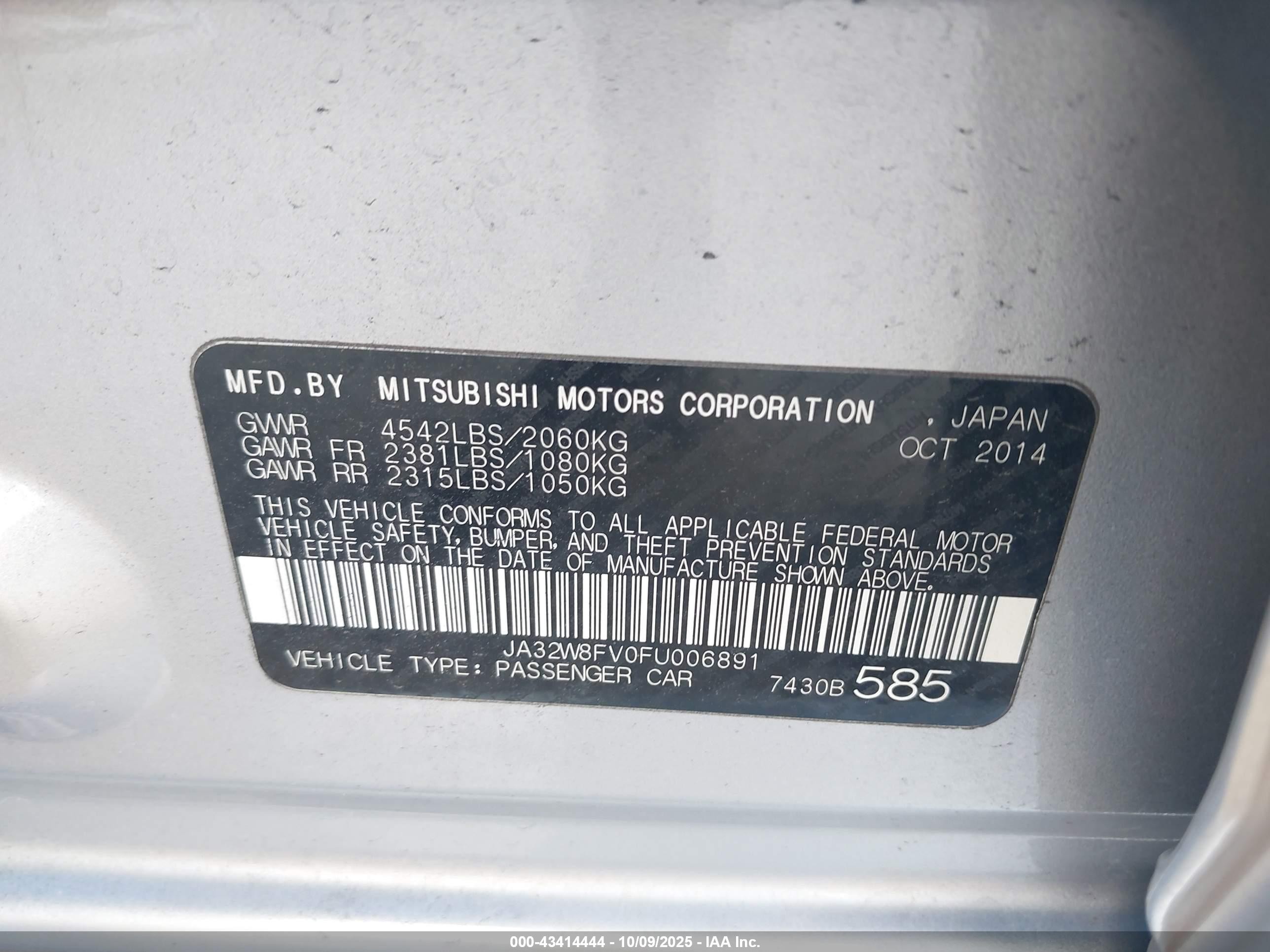 2015 Mitsubishi Lancer Evolution Gsr Silver vin: JA32W8FV0FU006891