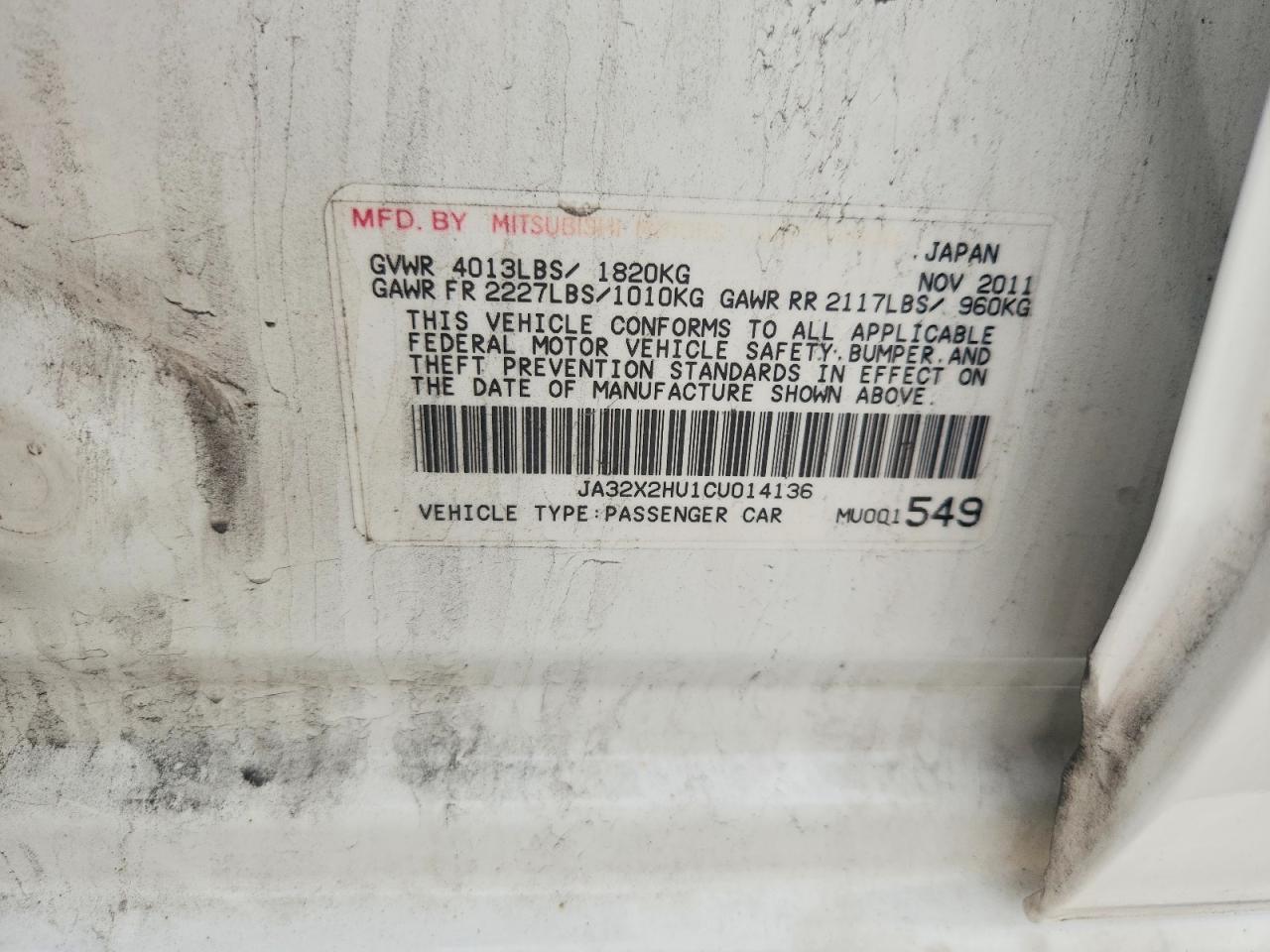 2012 Mitsubishi Lancer Es/es Sport White vin: JA32X2HU1CU014136