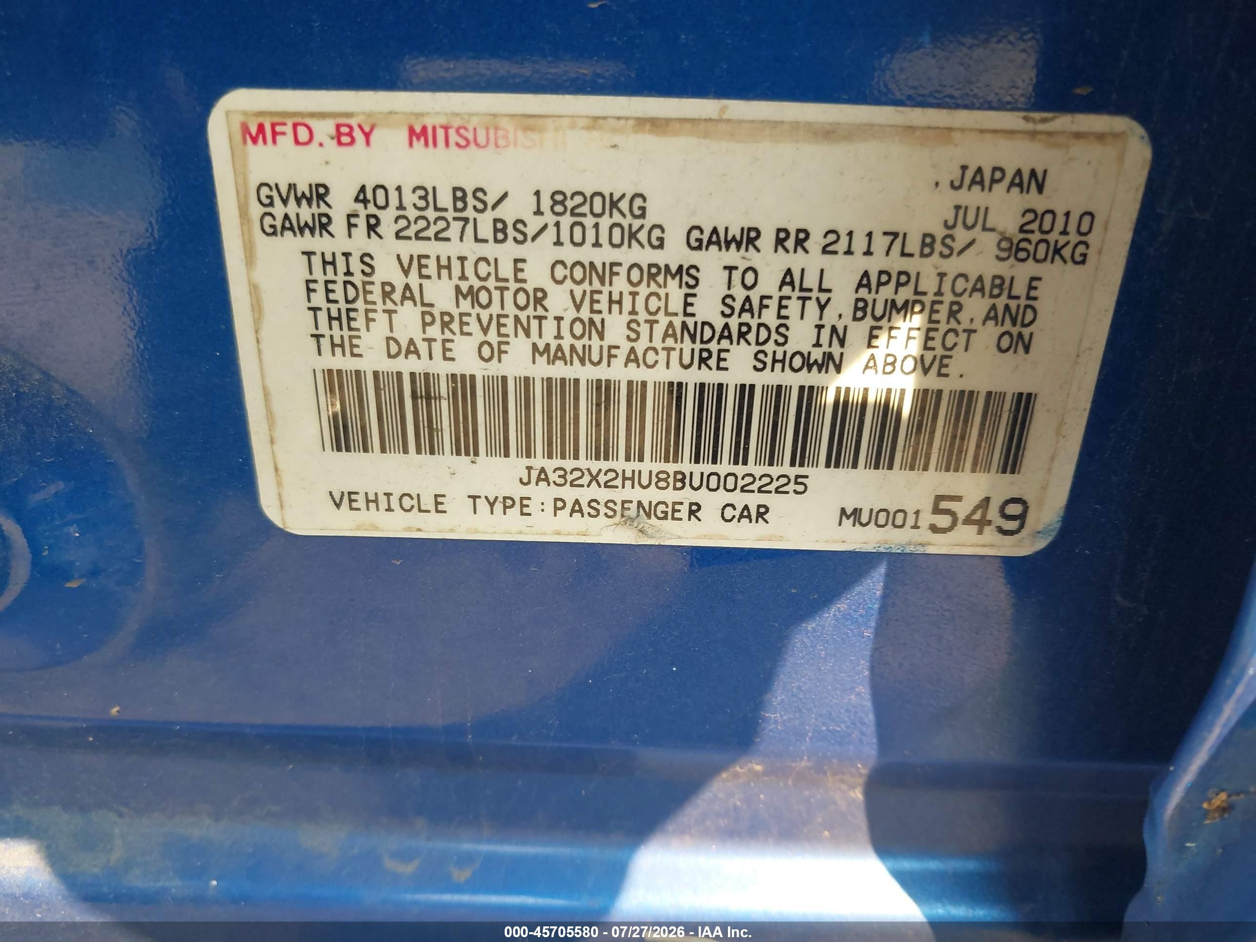 2011 Mitsubishi Lancer Es Blue vin: JA32X2HU8BU002225