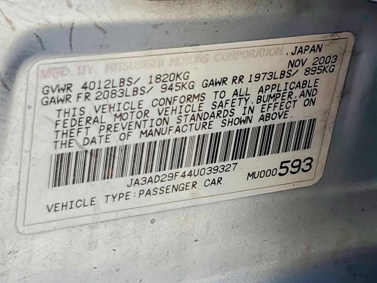 2004 Mitsubishi Lancer Ls Silver vin: JA3AD29F44U039327