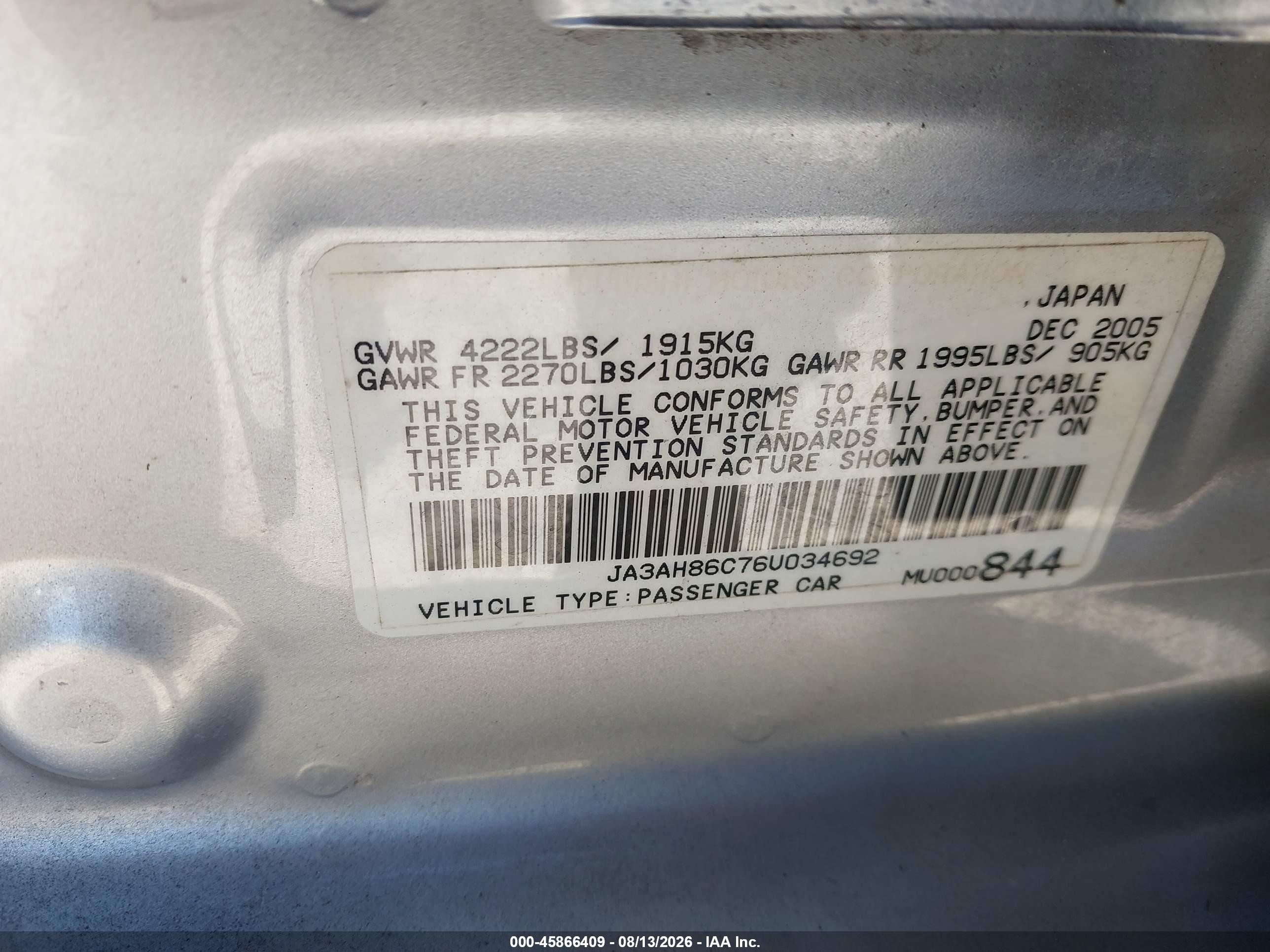 2006 Mitsubishi Lancer Evolution Ix/mr Gray vin: JA3AH86C76U034692