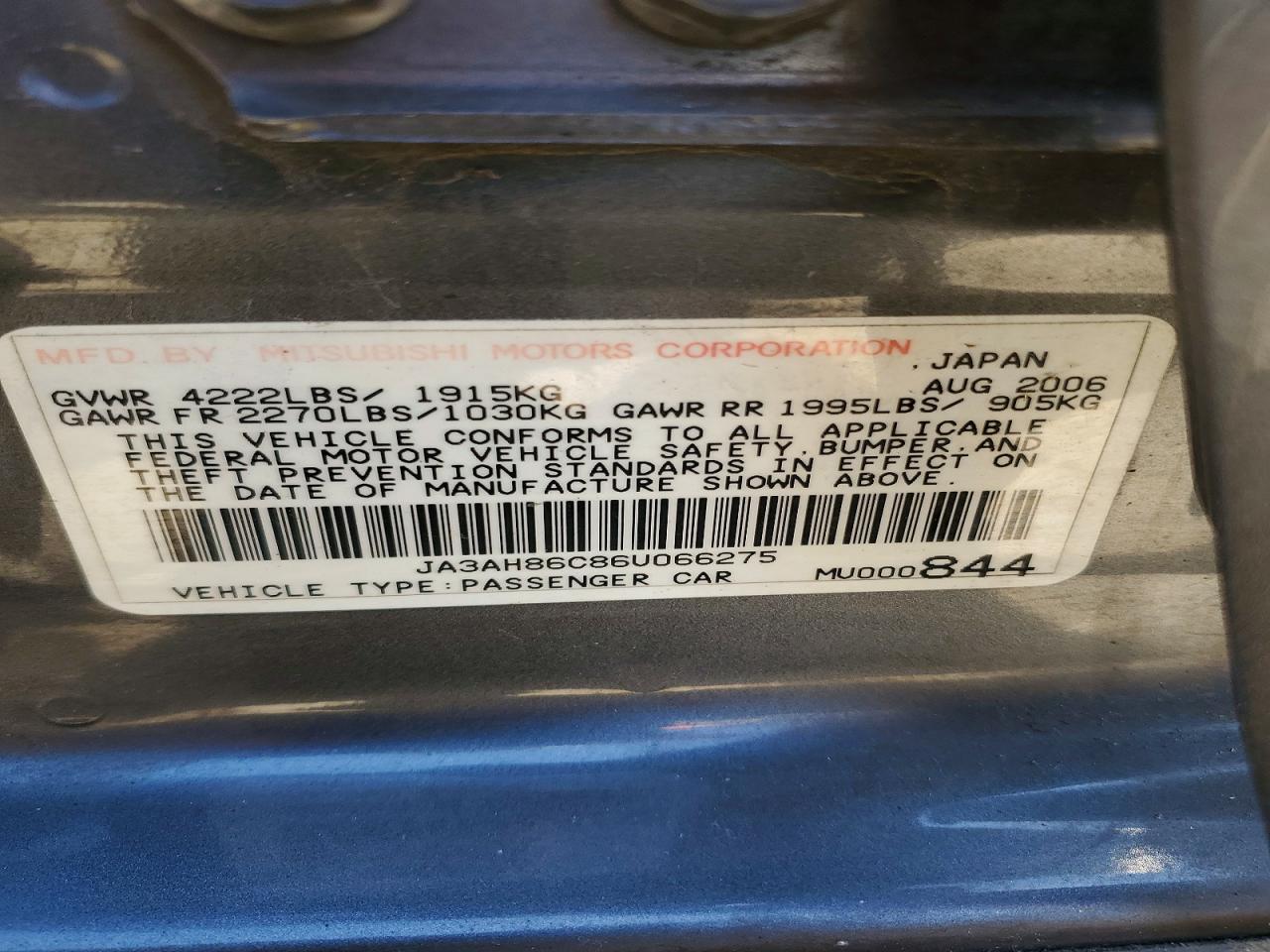 2006 Mitsubishi Lancer Evolution Gray vin: JA3AH86C86U066275