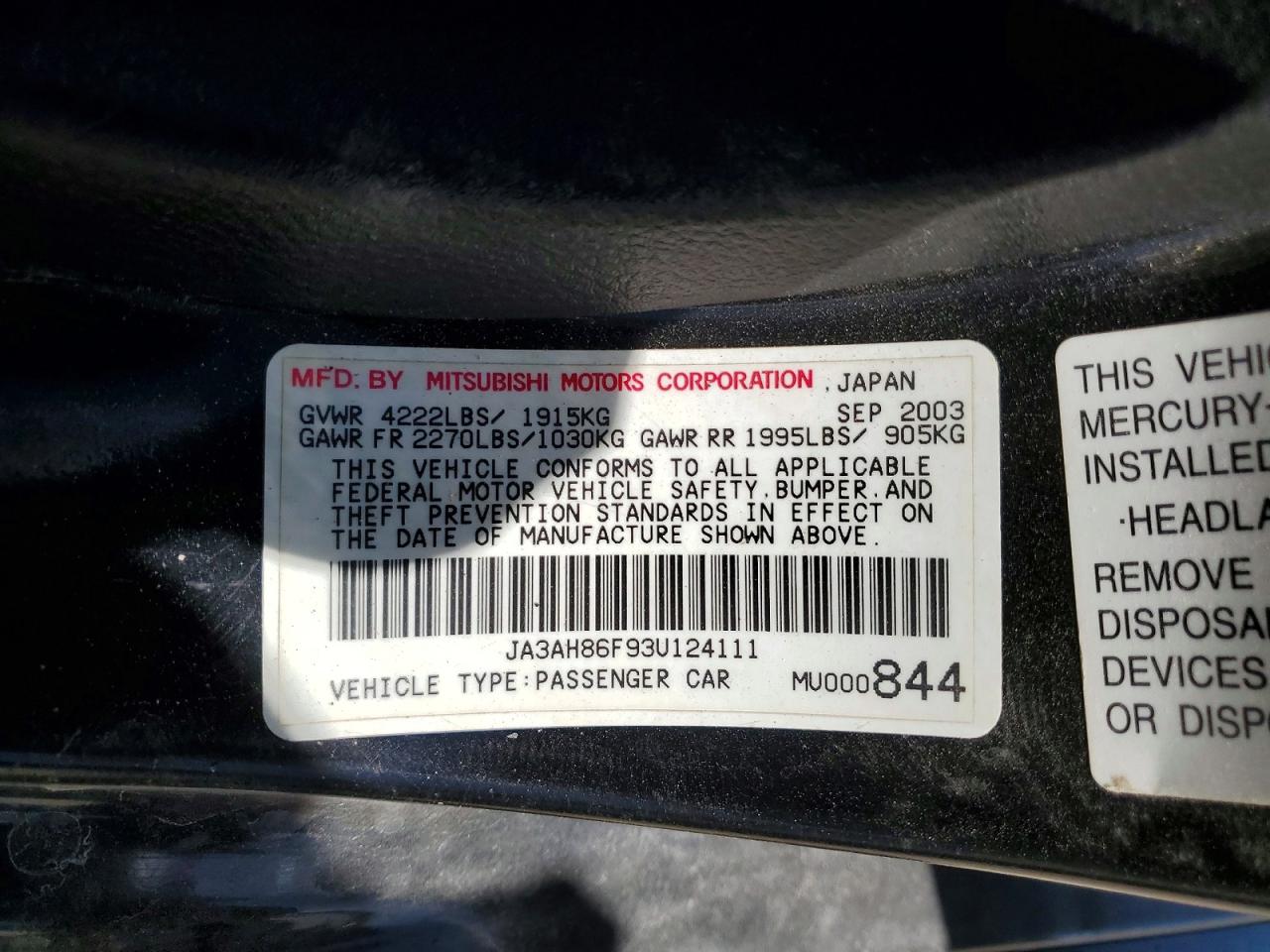 2003 Mitsubishi Lancer Evolution Black vin: JA3AH86F93U124111