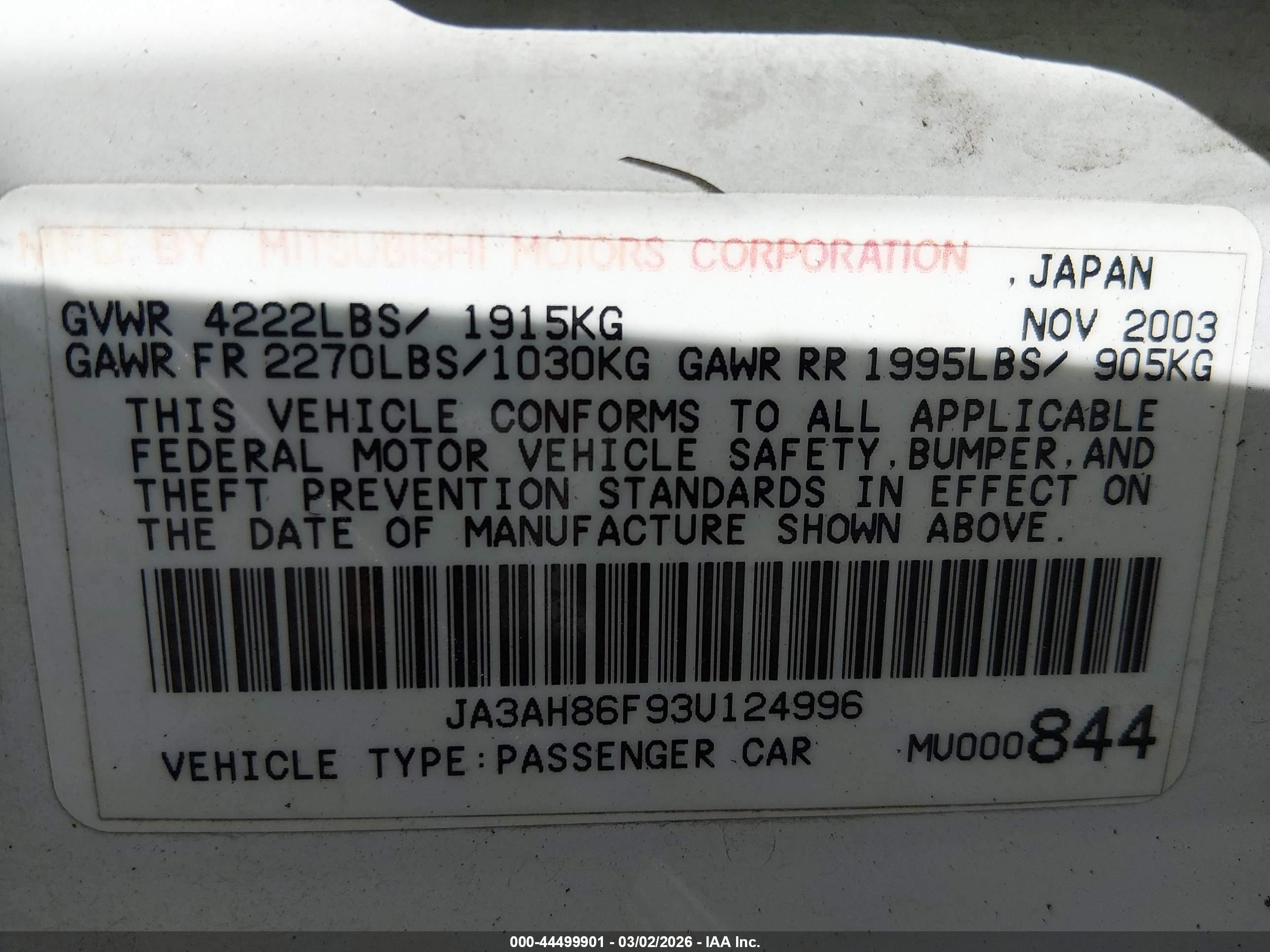 2003 Mitsubishi Lancer Evolution   White vin: JA3AH86F93U124996
