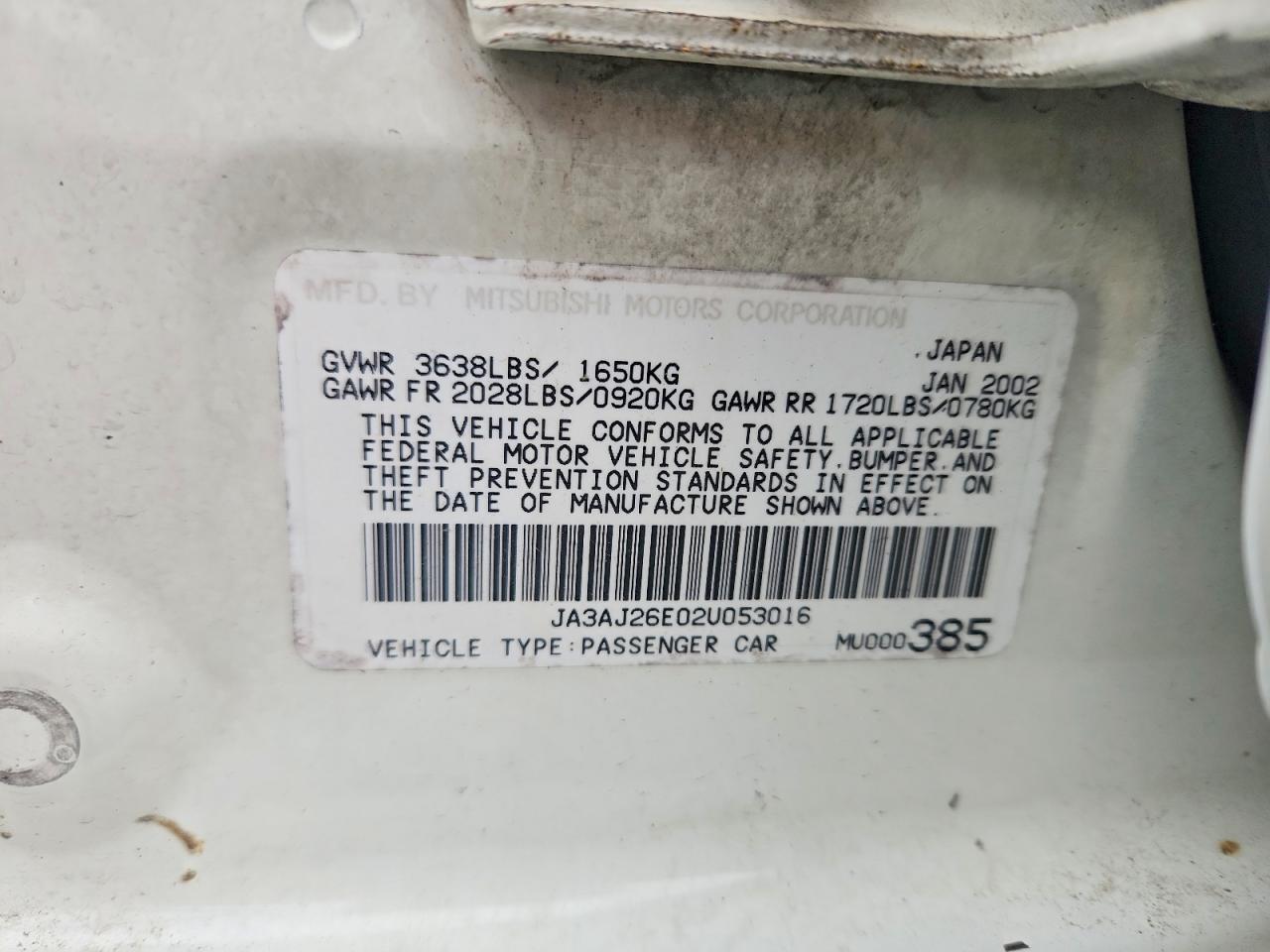 2002 Mitsubishi Lancer Es White vin: JA3AJ26E02U053016