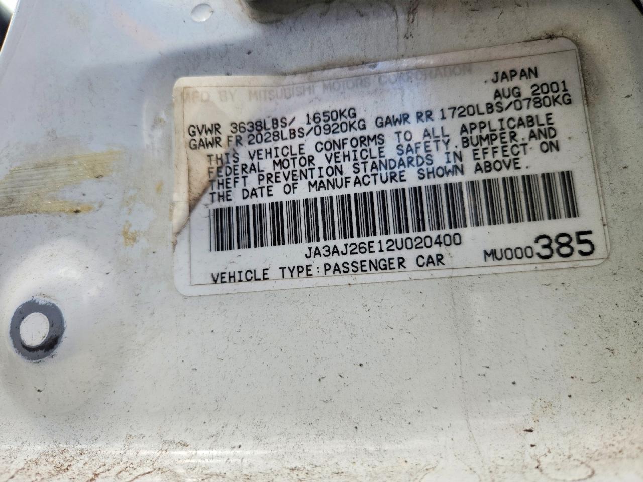 2002 Mitsubishi Lancer Es White vin: JA3AJ26E12U020400