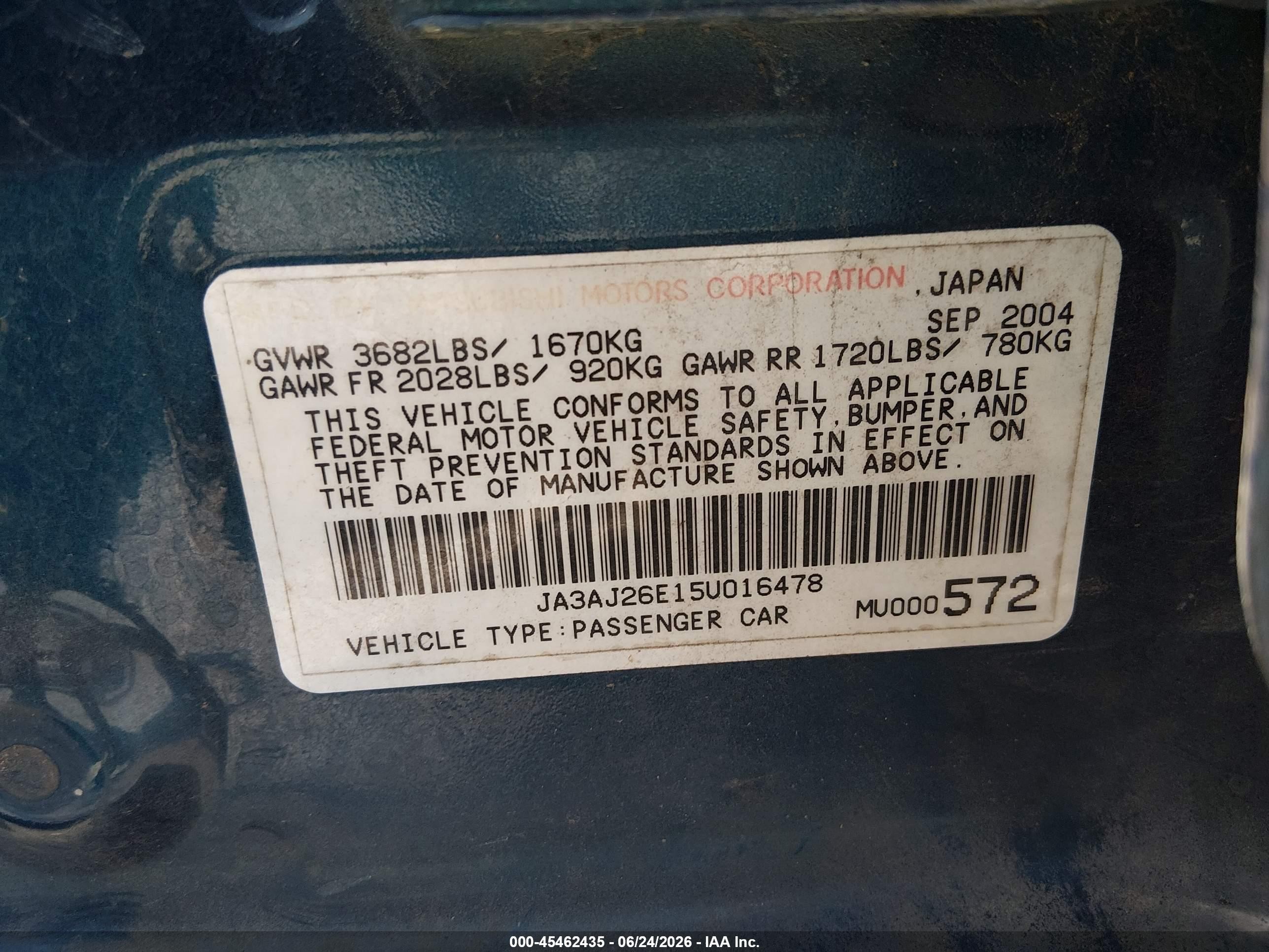 2005 Mitsubishi Lancer Es Blue vin: JA3AJ26E15U016478