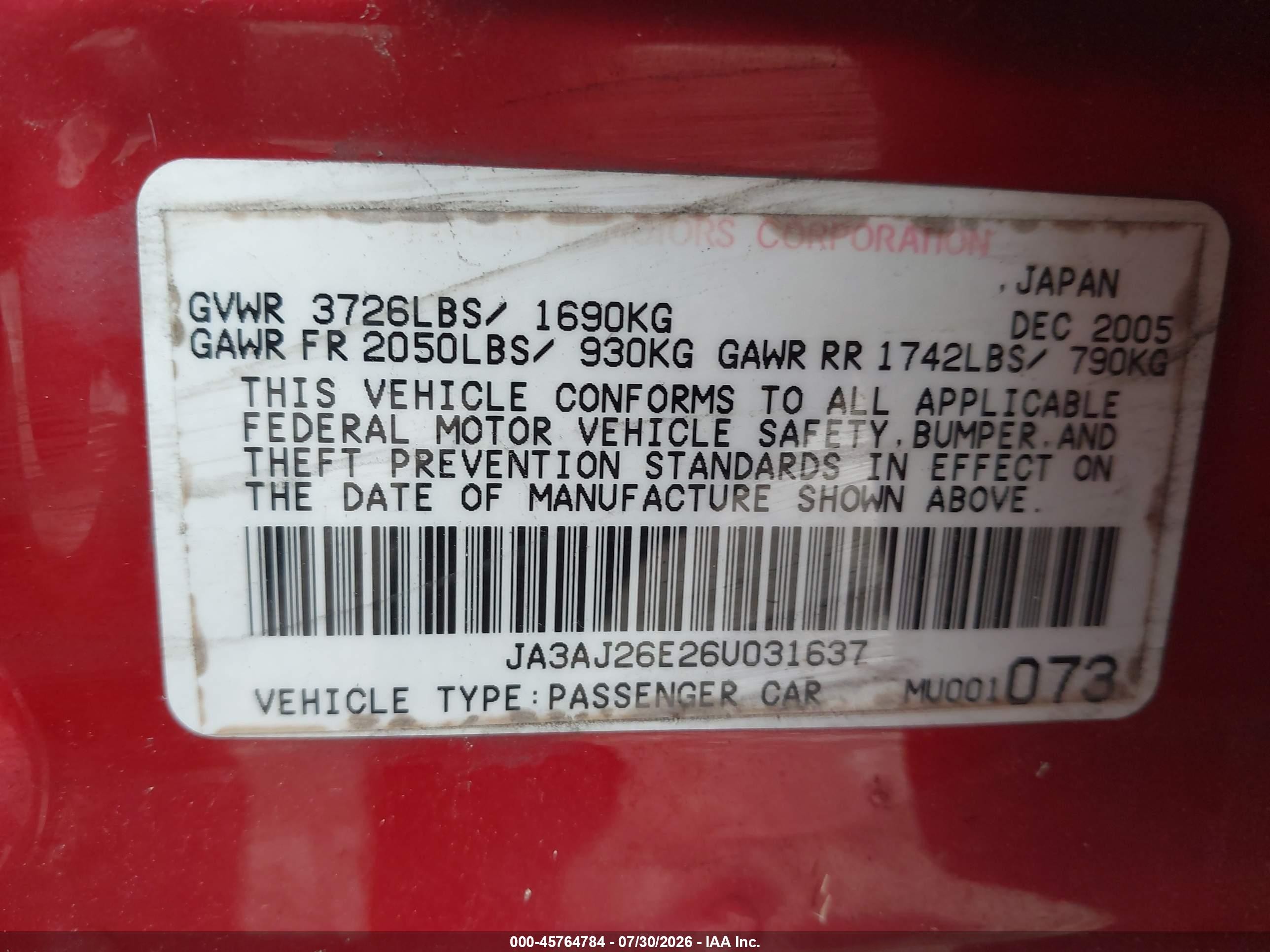 2006 Mitsubishi Lancer Es/se Red vin: JA3AJ26E26U031637