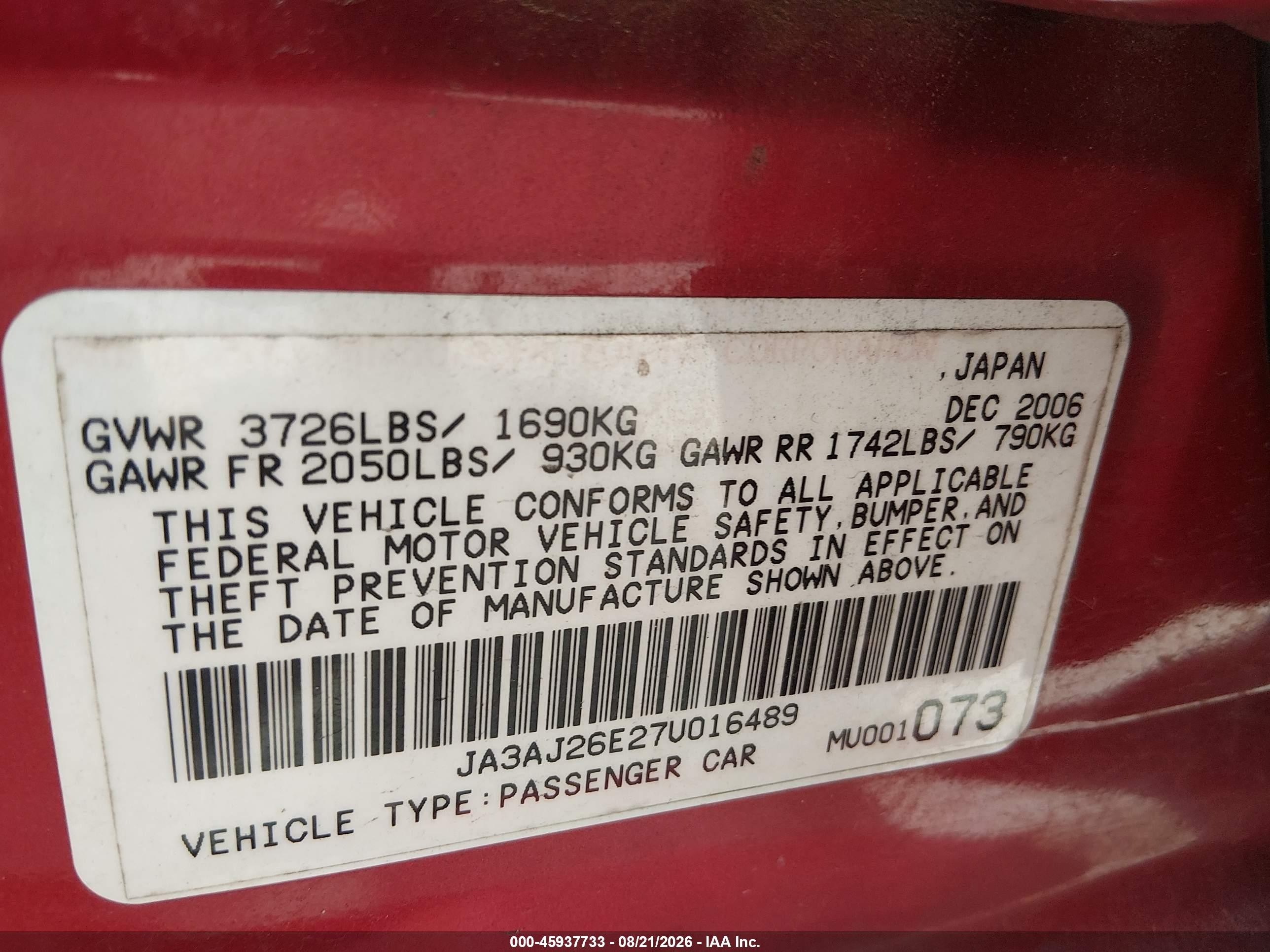 2007 Mitsubishi Lancer Es Red vin: JA3AJ26E27U016489