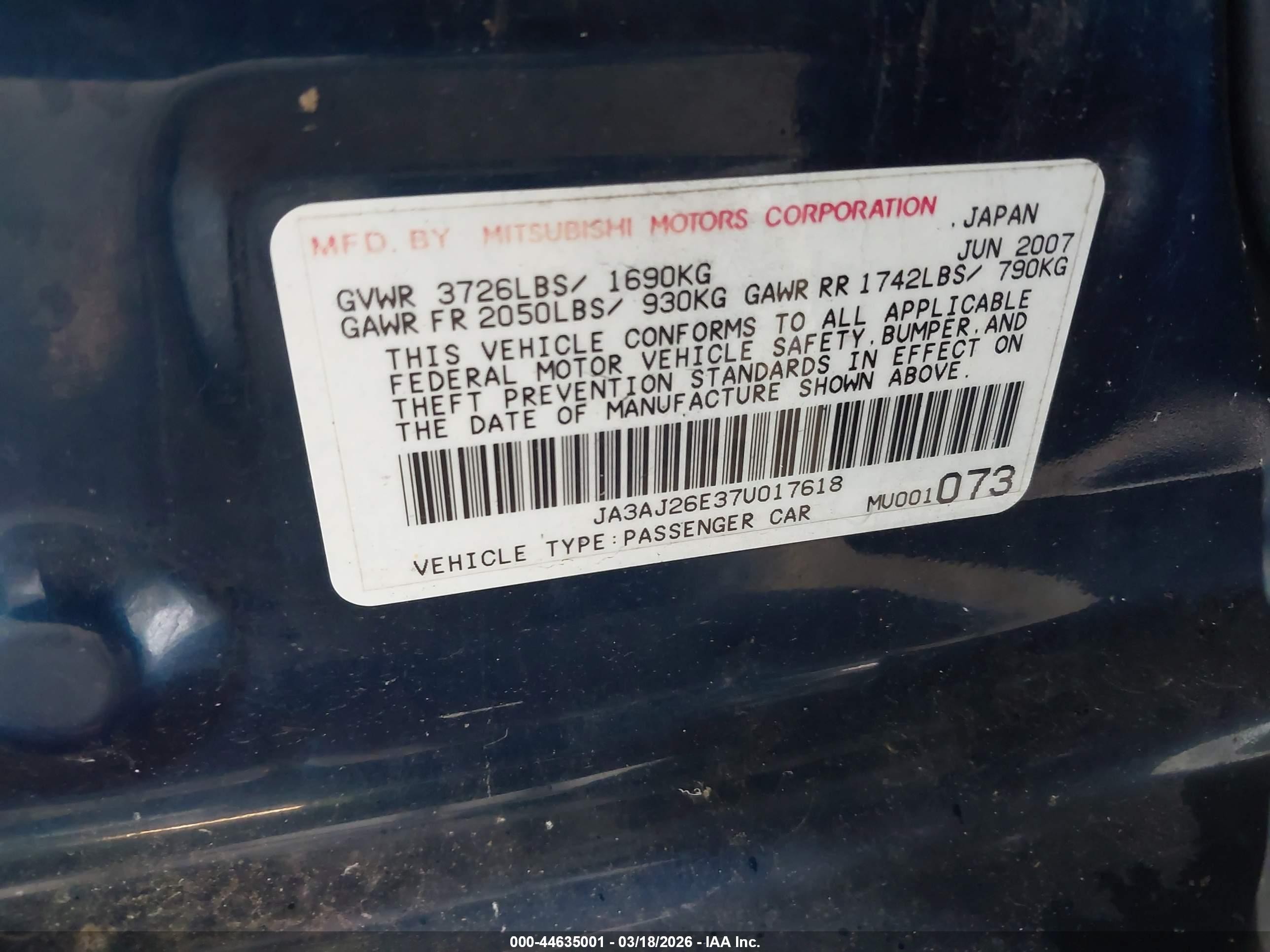 2007 Mitsubishi Lancer Es Dark Blue vin: JA3AJ26E37U017618