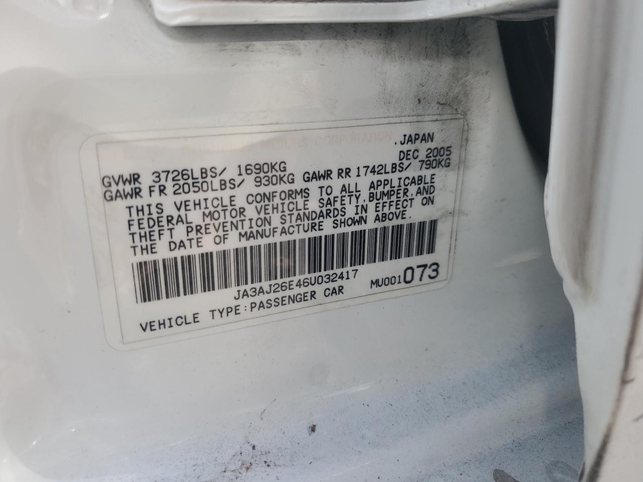 2006 Mitsubishi Lancer Es White vin: JA3AJ26E46U032417