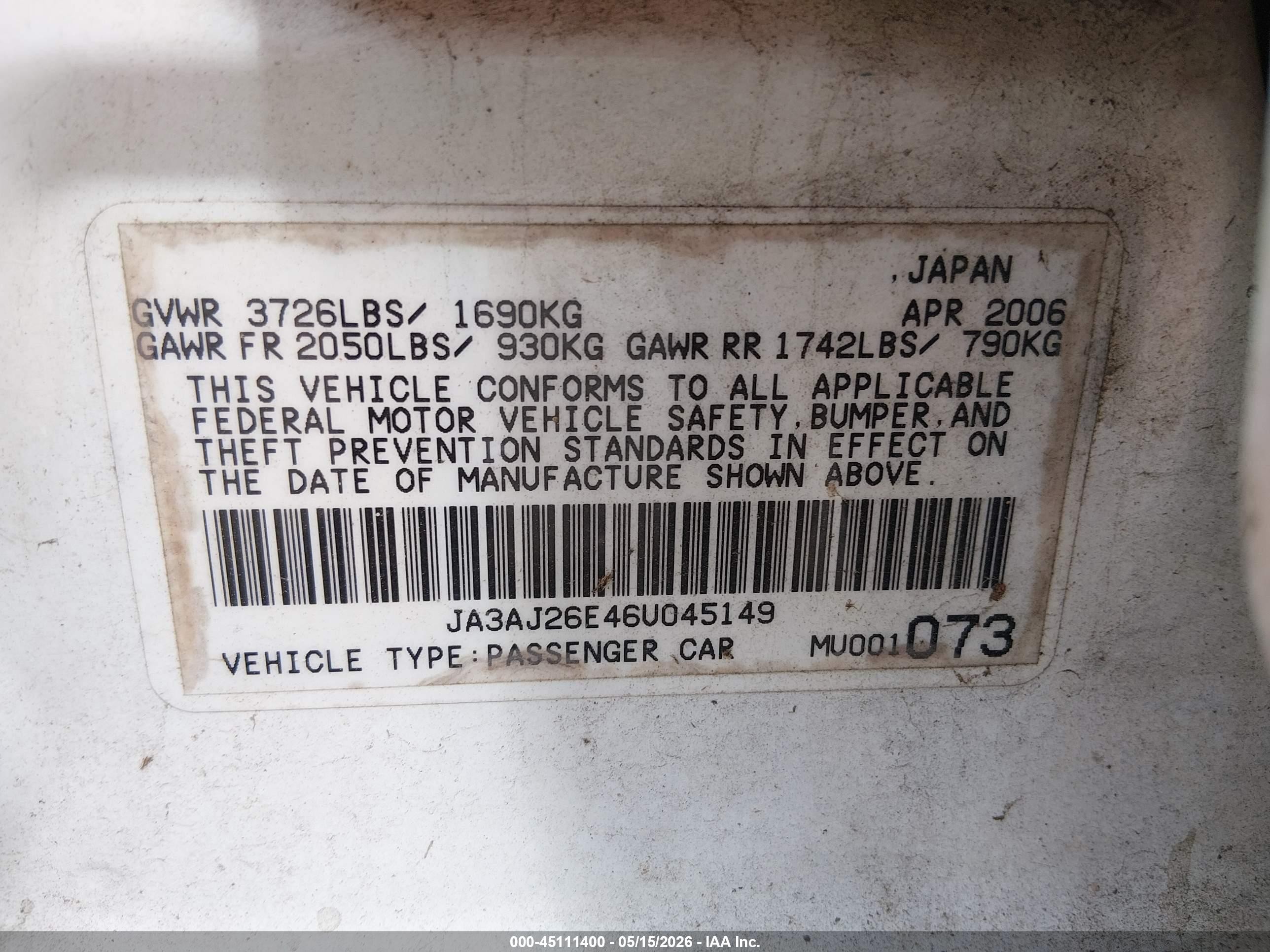 2006 Mitsubishi Lancer Es/se Белый vin: JA3AJ26E46U045149