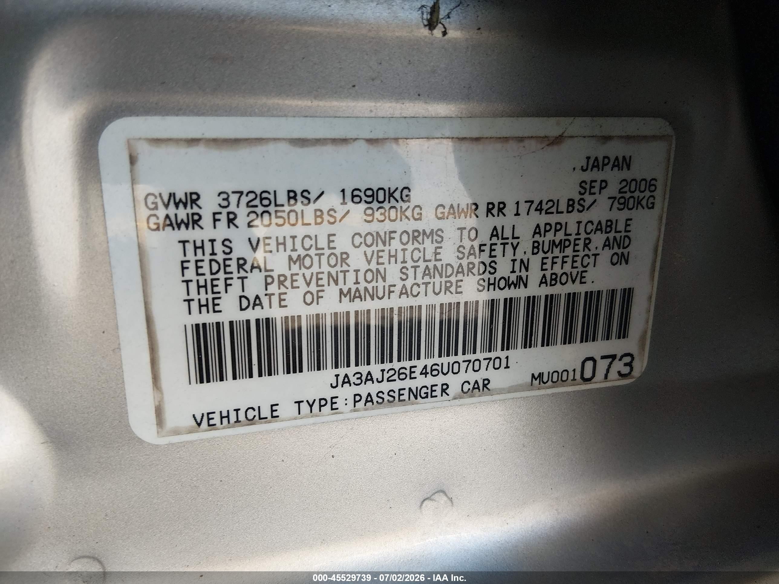 2006 Mitsubishi Lancer Es/se Silver vin: JA3AJ26E46U070701
