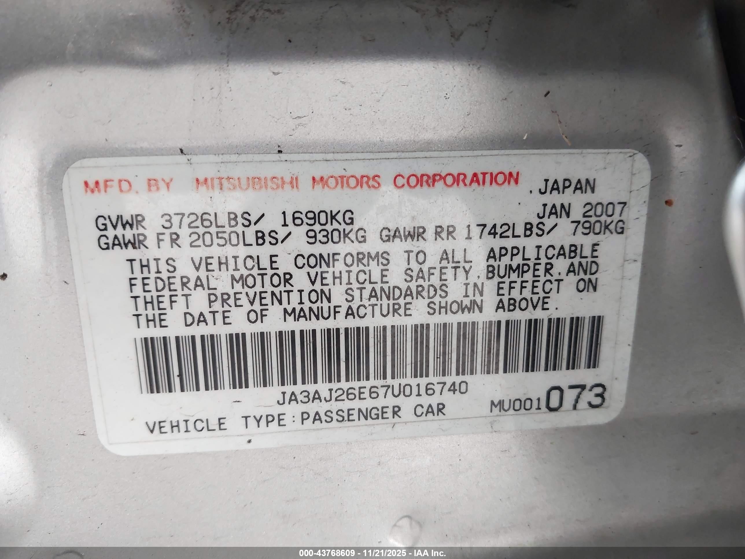 2007 Mitsubishi Lancer Es Silver vin: JA3AJ26E67U016740
