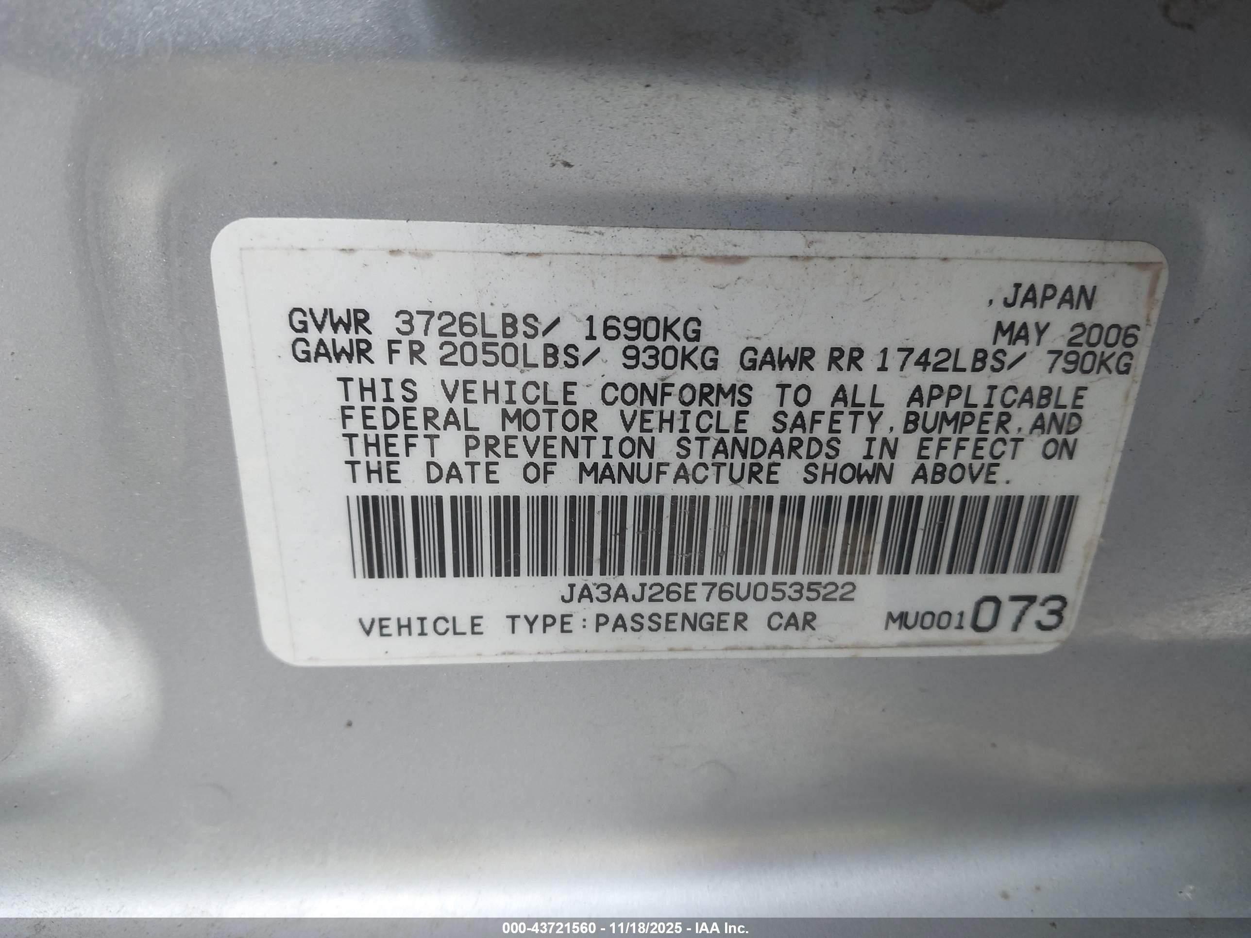 2006 Mitsubishi Lancer Es/se Silver vin: JA3AJ26E76U053522
