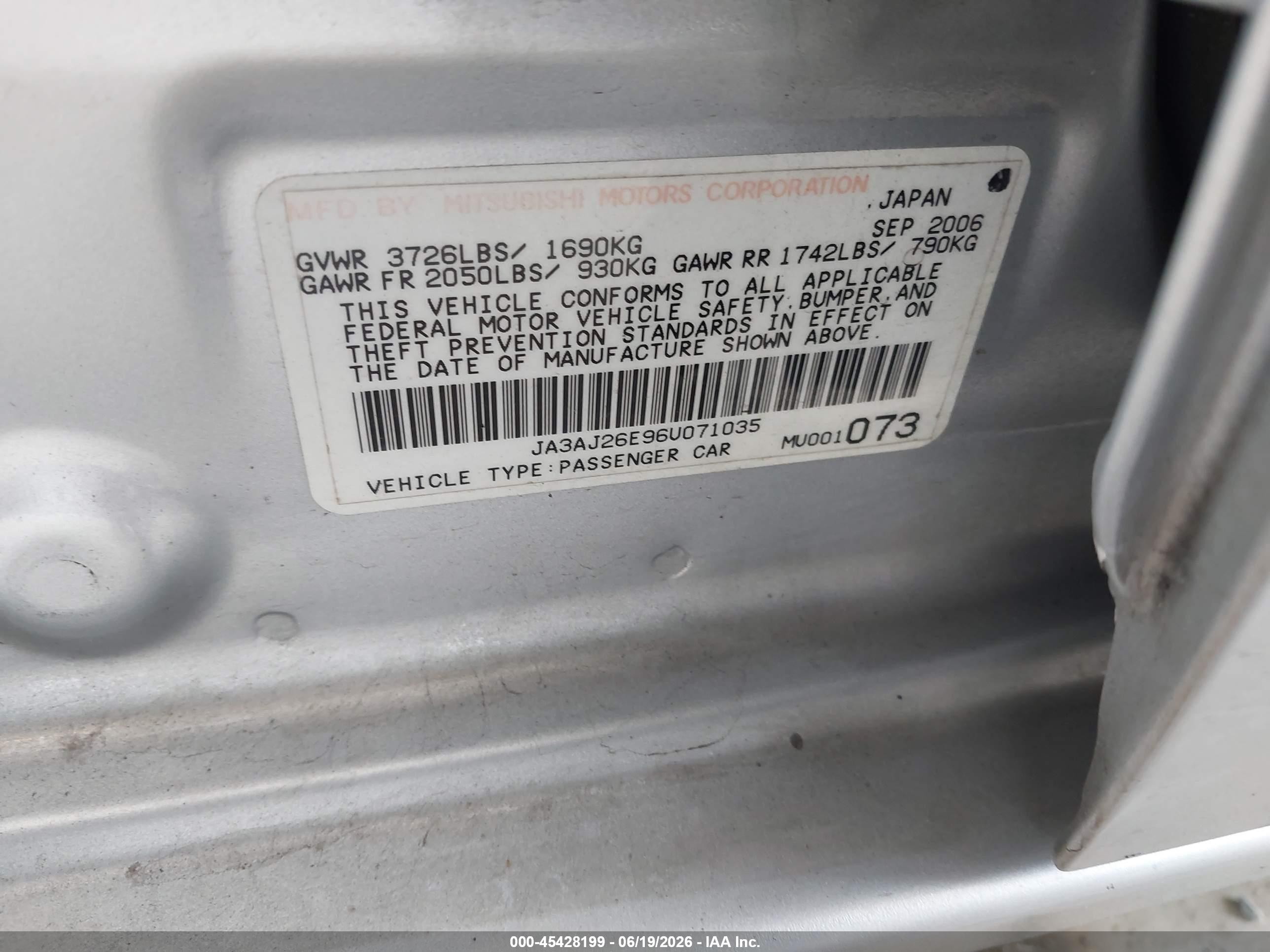 2006 Mitsubishi Lancer Es/se Silver vin: JA3AJ26E96U071035