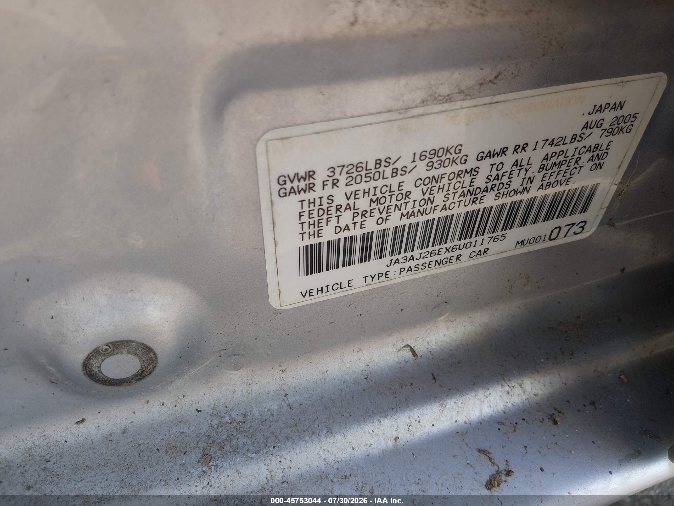 2006 Mitsubishi Lancer Es/se Silver vin: JA3AJ26EX6U011765