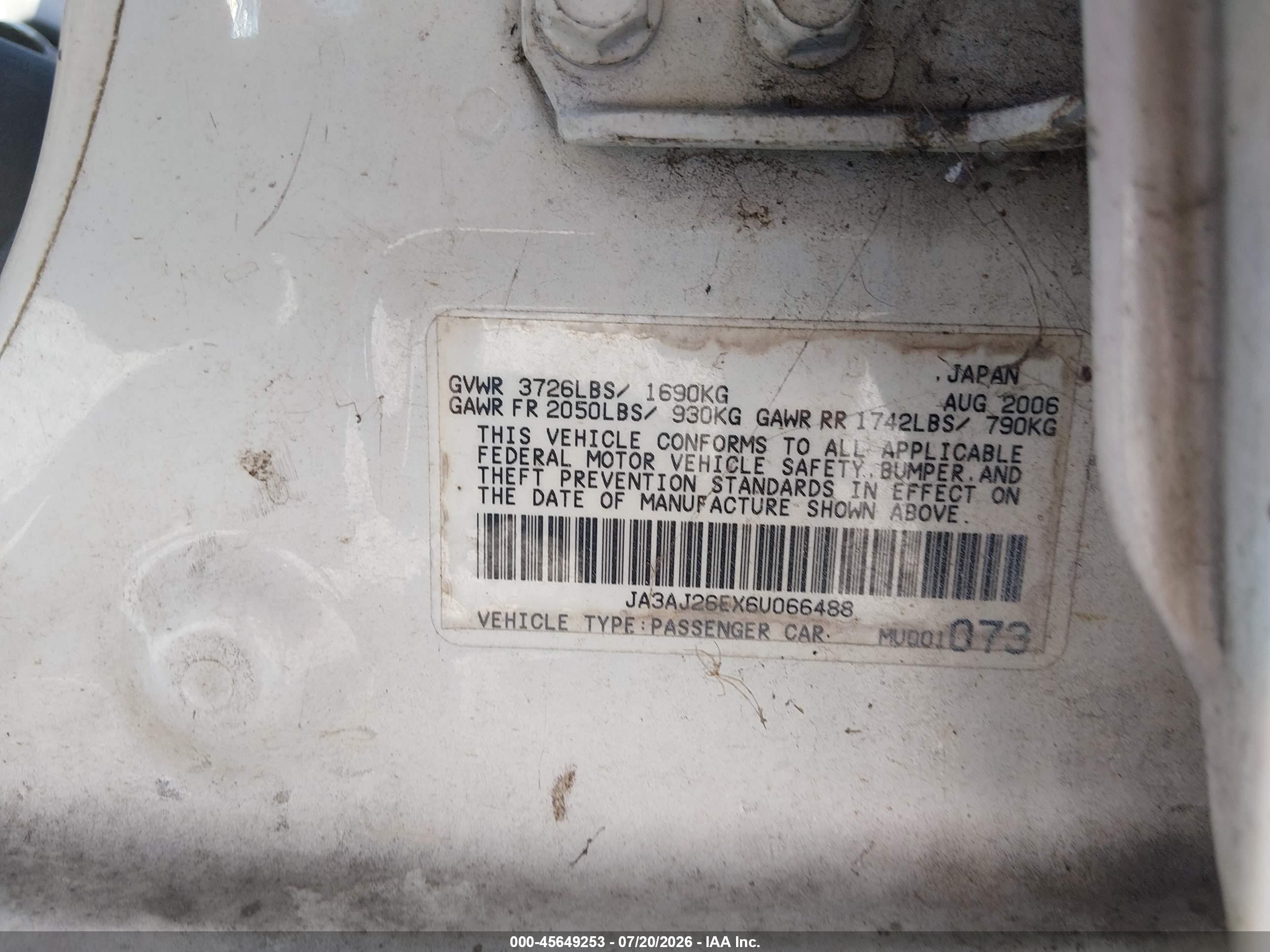 2006 Mitsubishi Lancer Es/se White vin: JA3AJ26EX6U066488