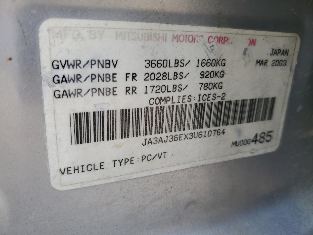 2003 Mitsubishi Lancer Ls Silver vin: JA3AJ36EX3U610764