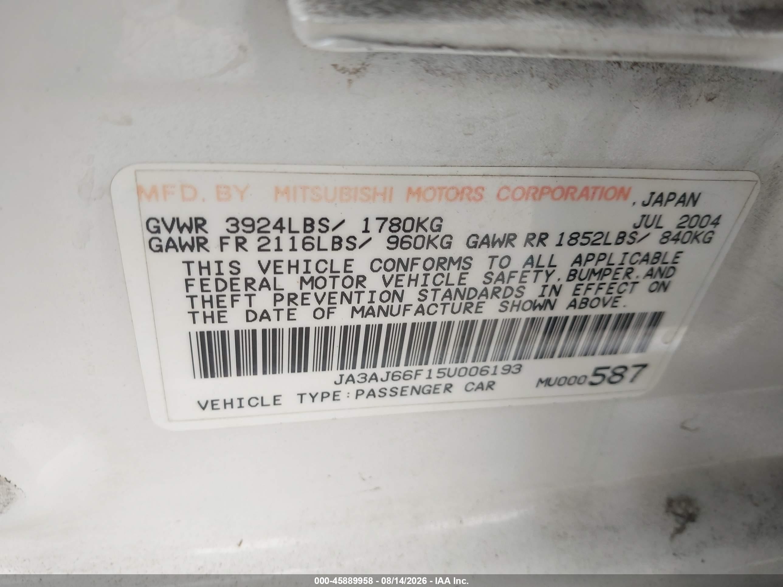 2005 Mitsubishi Lancer Ralliart White vin: JA3AJ66F15U006193