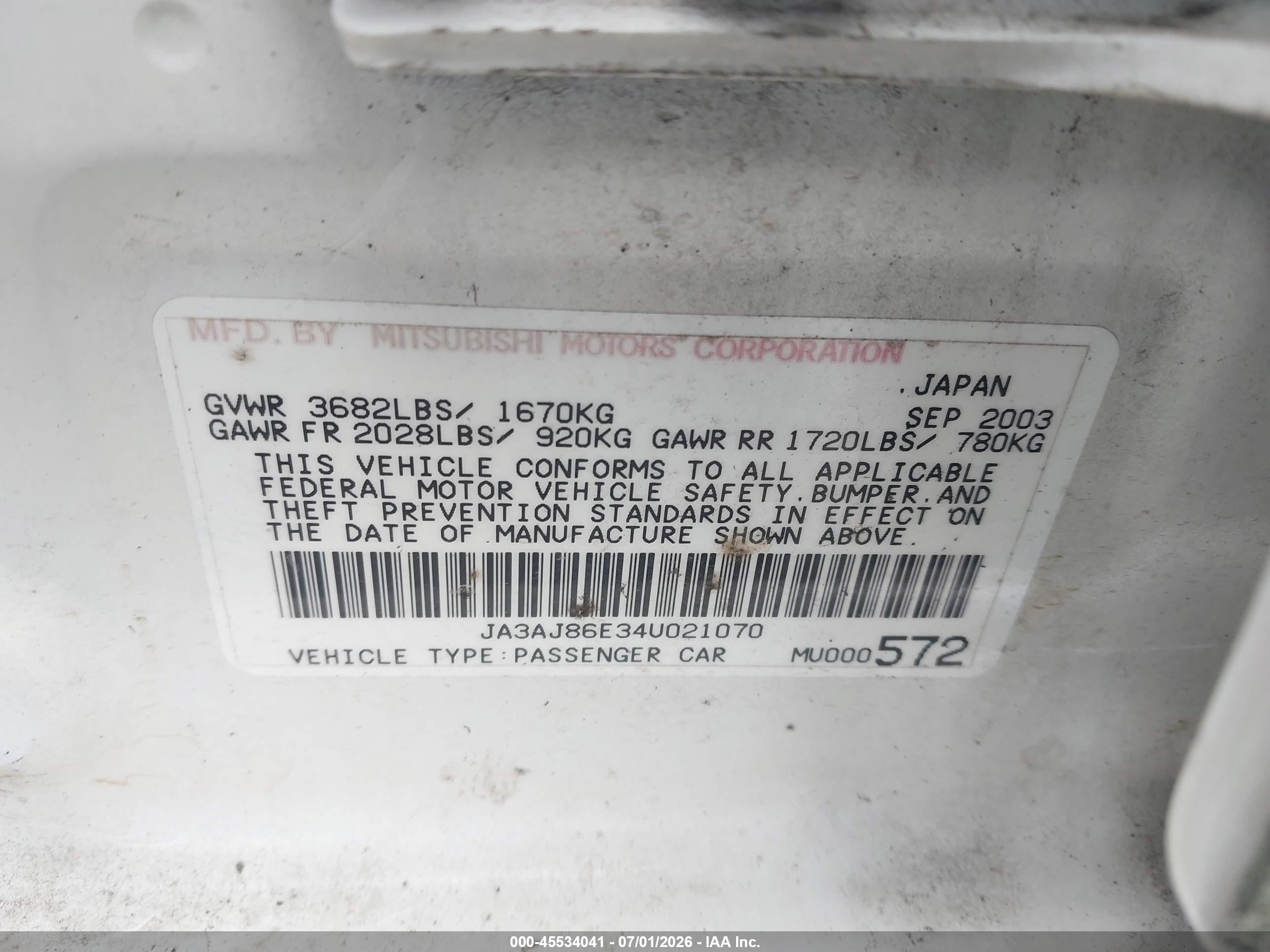 2004 Mitsubishi Lancer Oz Rally White vin: JA3AJ86E34U021070